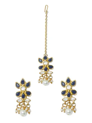 Gold Plated Pearl Bead Navy Blue Kundan Dangler Earrings with Maangtikka