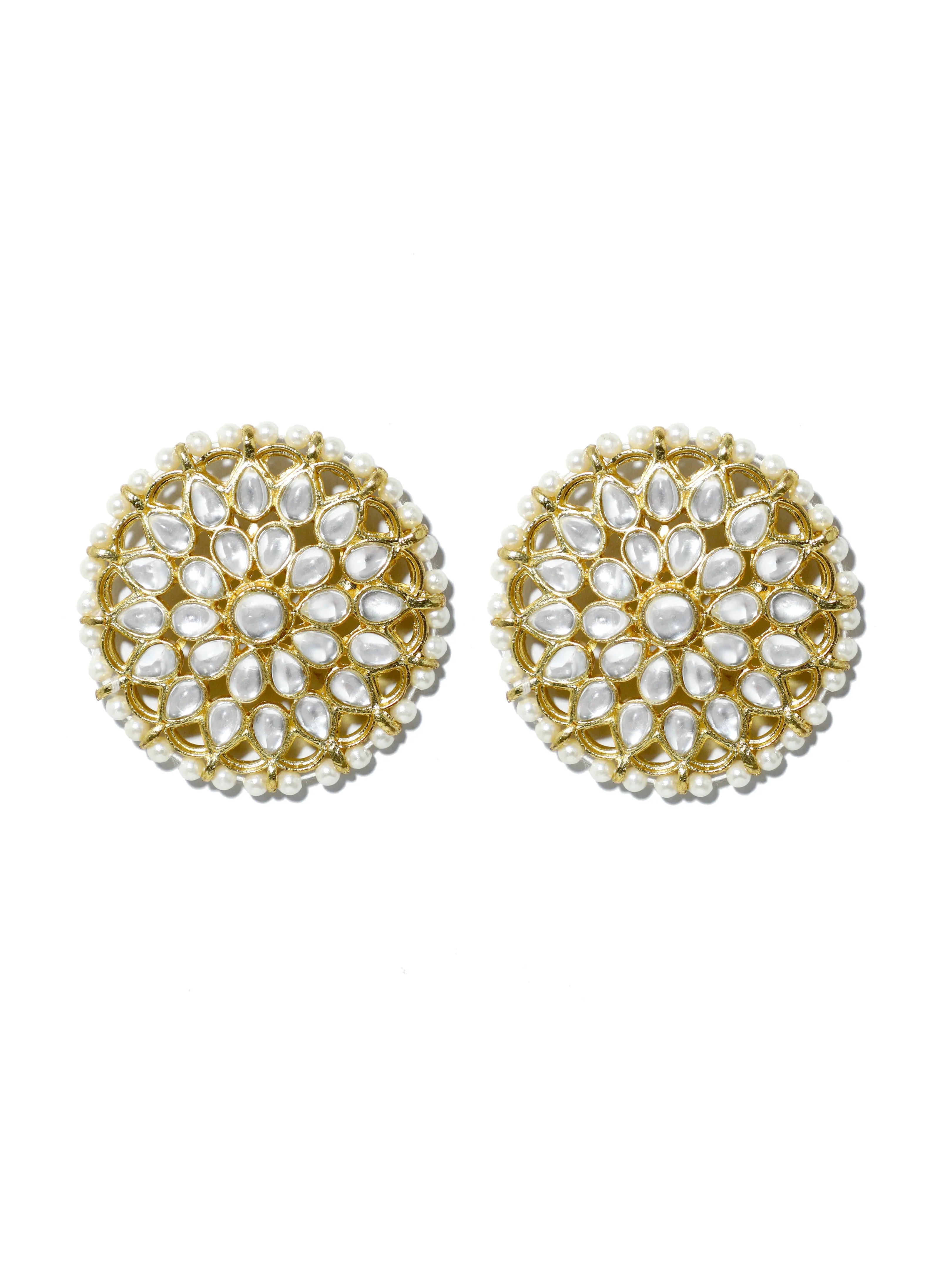 Gold Plated Pearl Beads Kundan Stud Earrings with Maangtikka