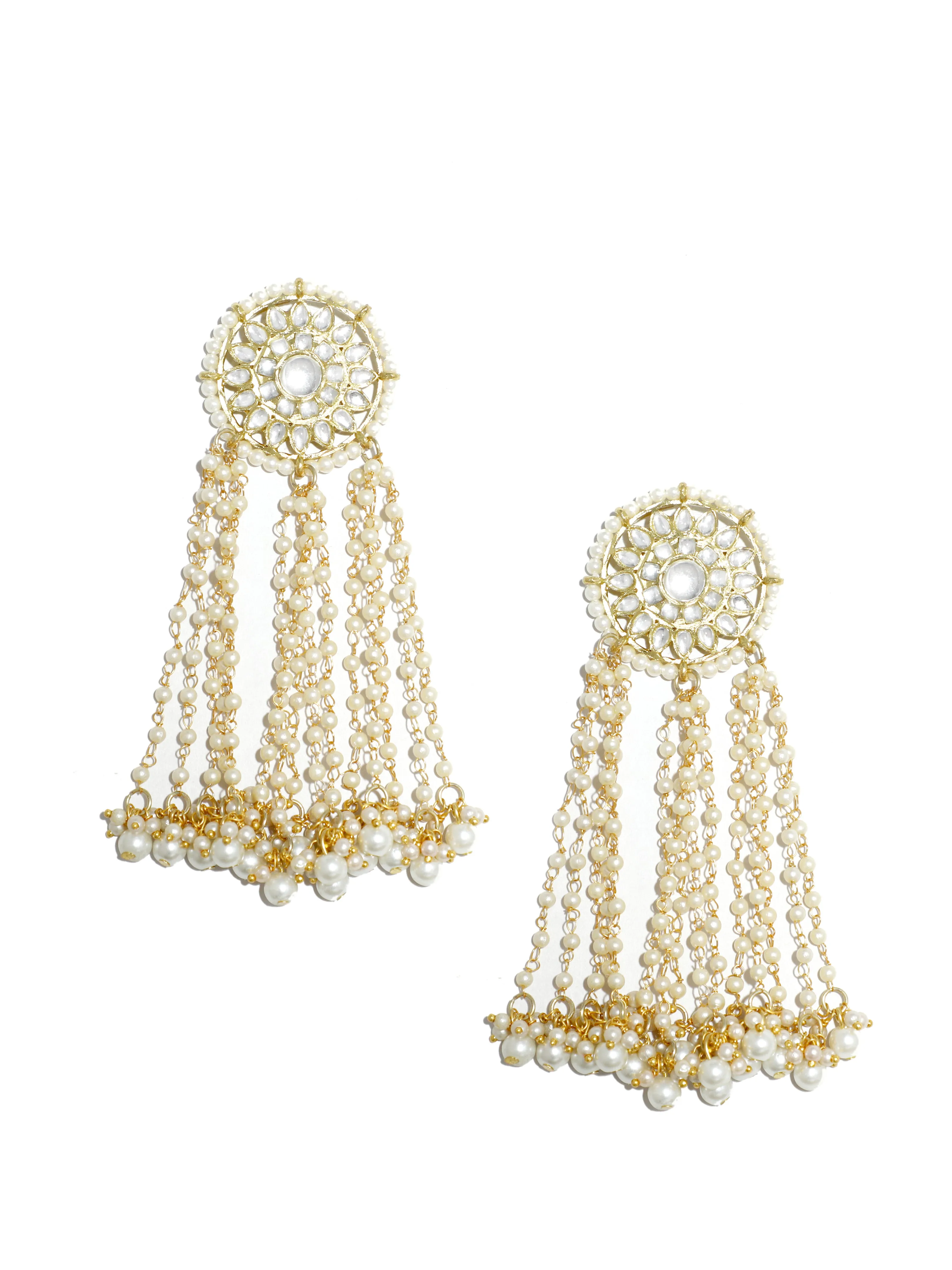 Gold Plated Pearl Beads Kundan Tassel Earrings