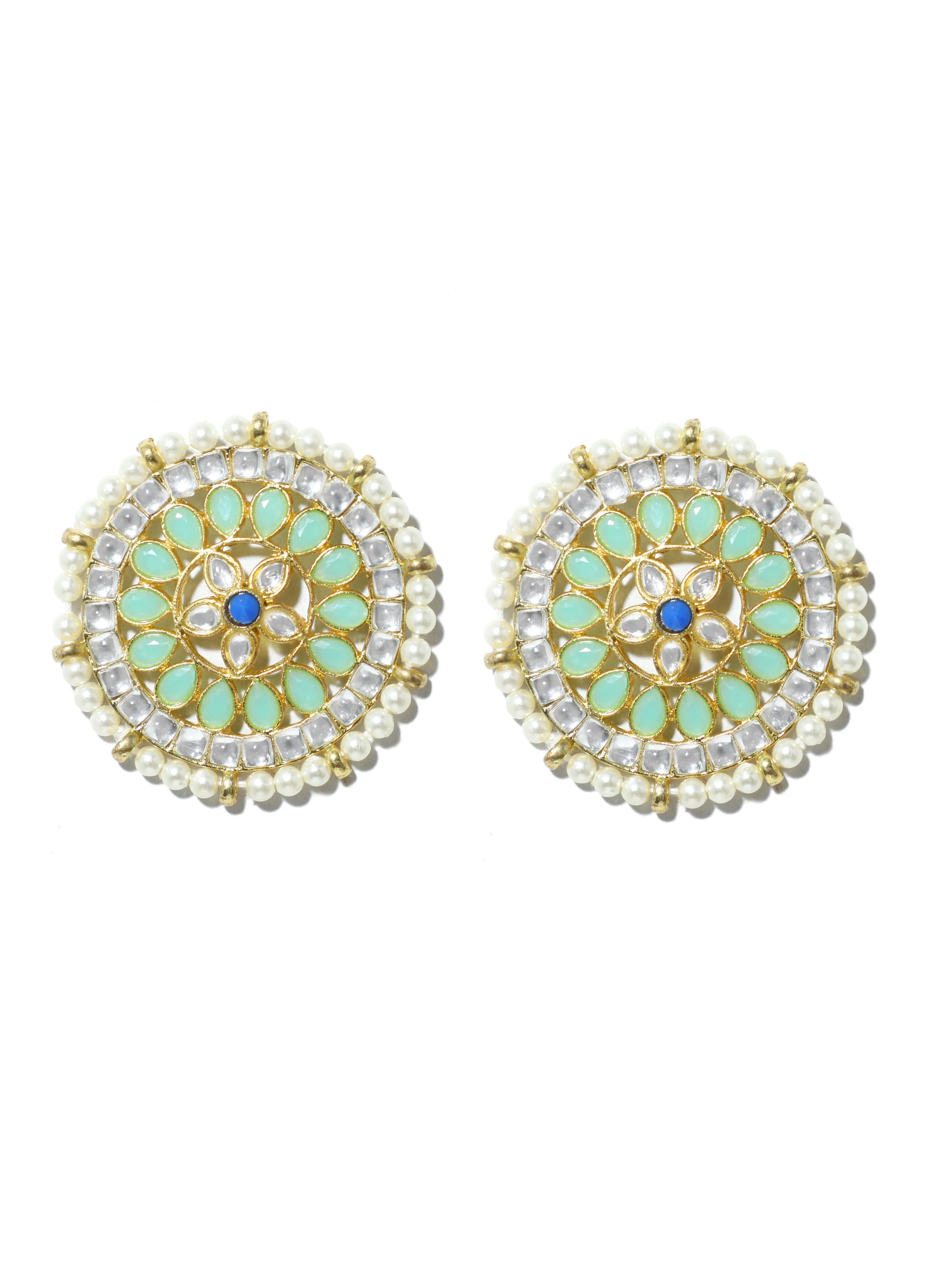 Gold Plated Pearl Beads Lime Green Kundan Stud Earrings with Maangtikka