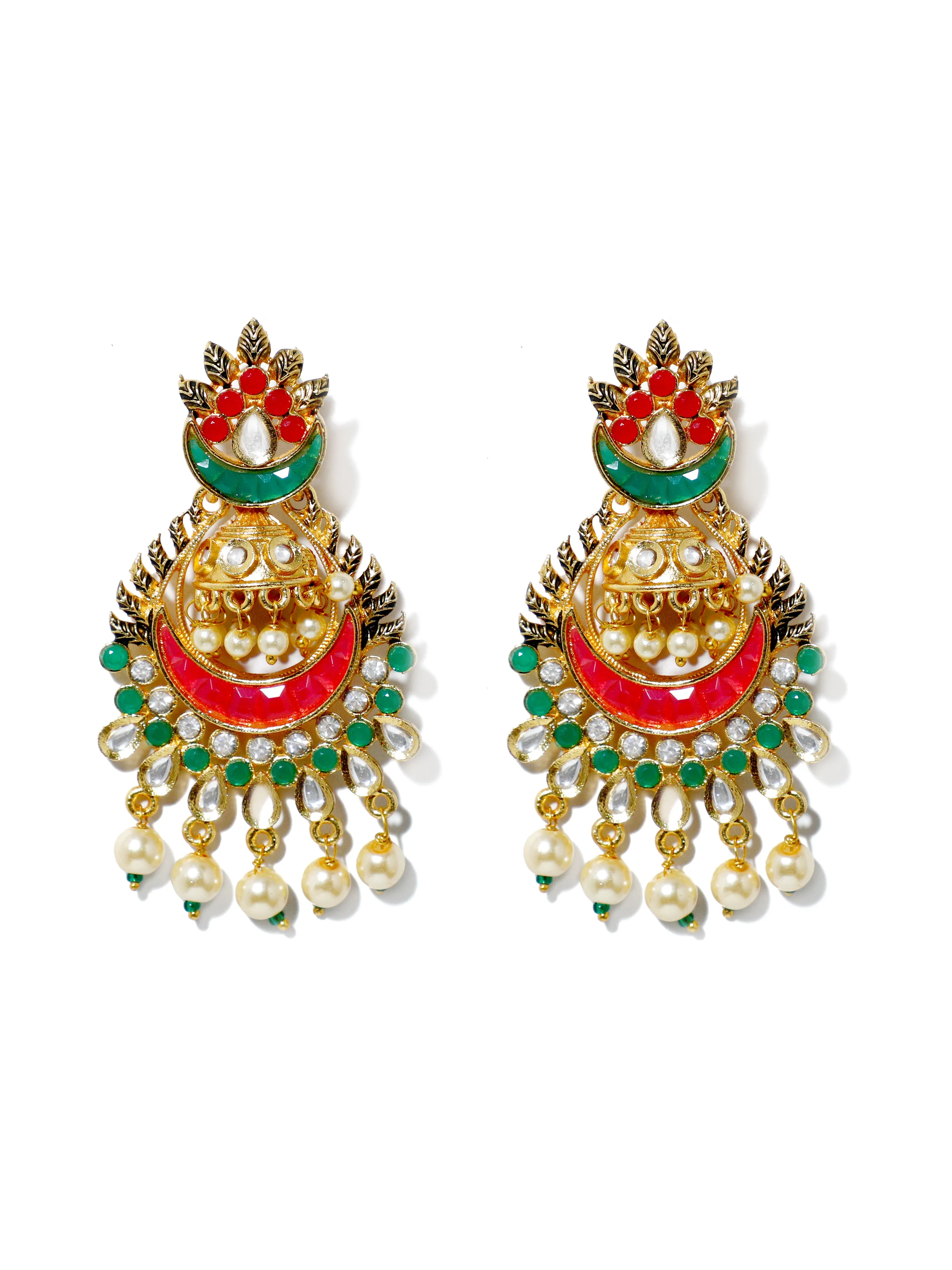 Gold Plated Pearl Beads Red and Green Kundan Chandbali Earrings