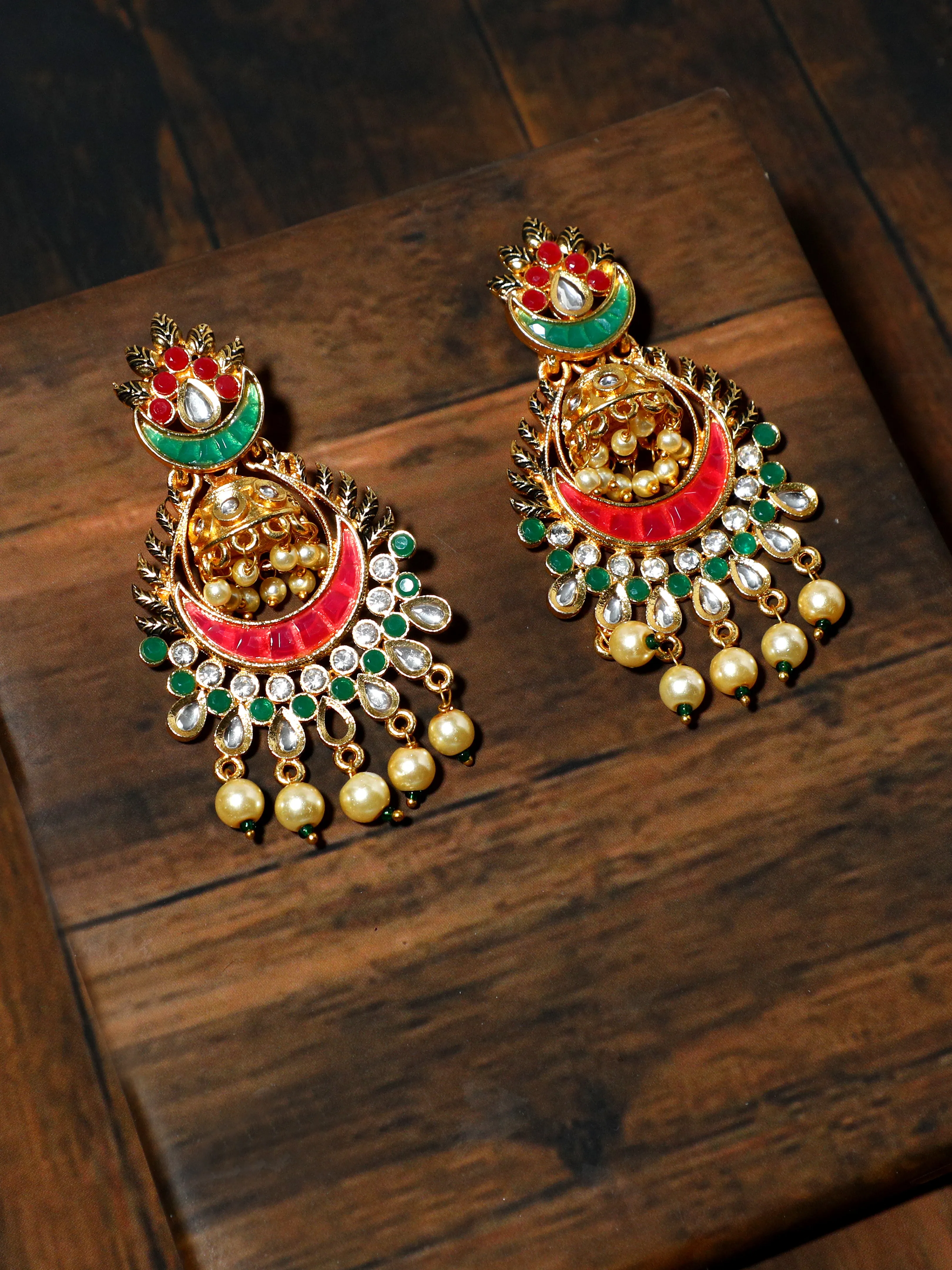 Gold Plated Pearl Beads Red and Green Kundan Chandbali Earrings