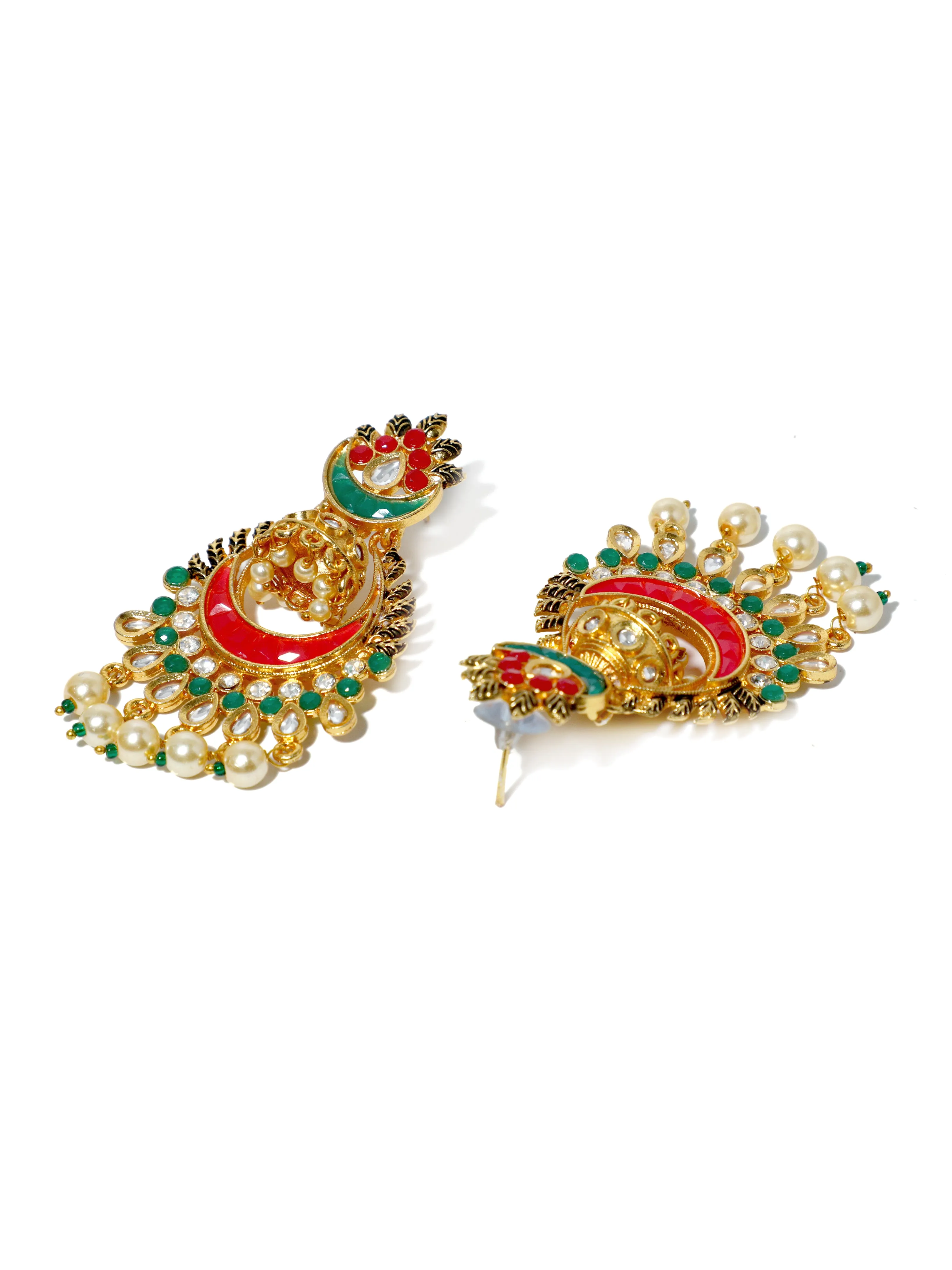 Gold Plated Pearl Beads Red and Green Kundan Chandbali Earrings