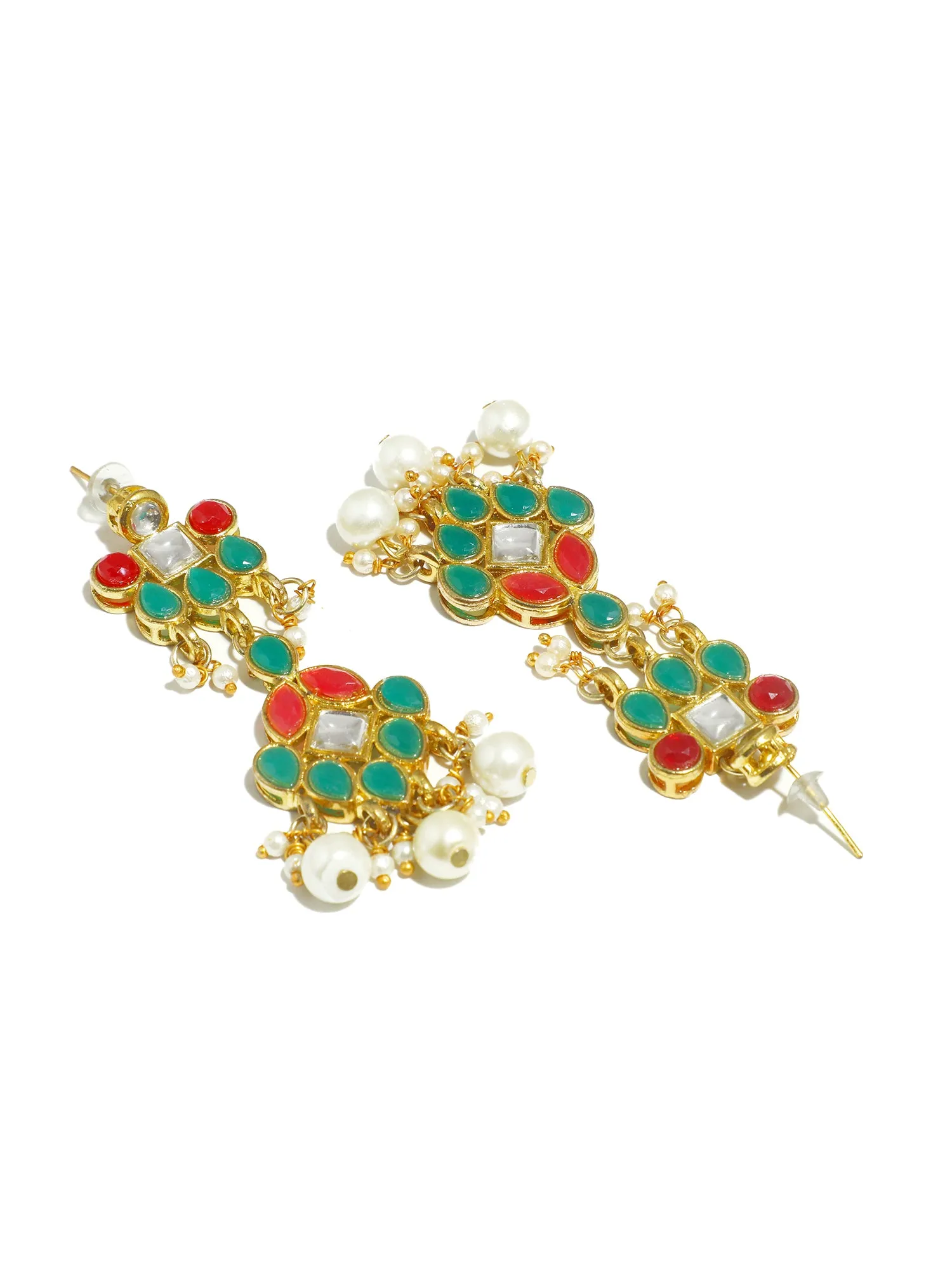 Gold Plated Pearl Beads Red and Green Kundan Dangler Earrings for Women