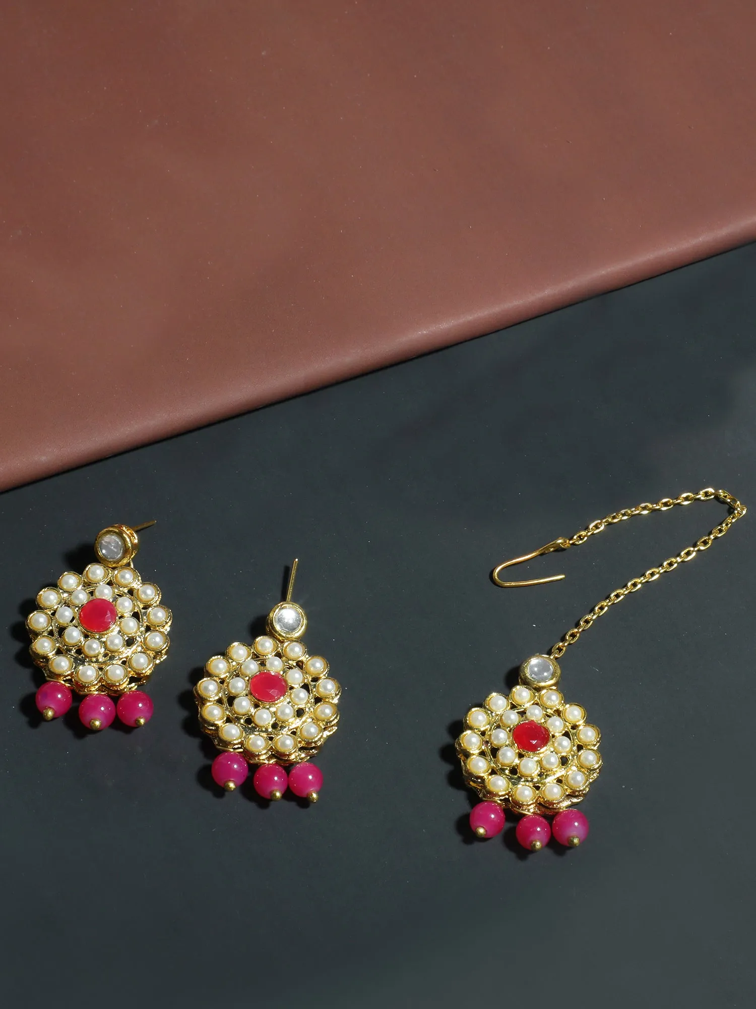 Gold Plated Pink Beads Kundan Dangler Earrings with Maangtikka for Women