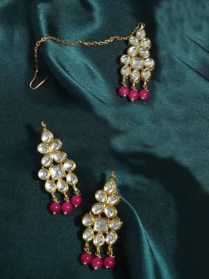 Gold Plated Pink Beads Kundan Dangler Earrings with Maangtikka for Women