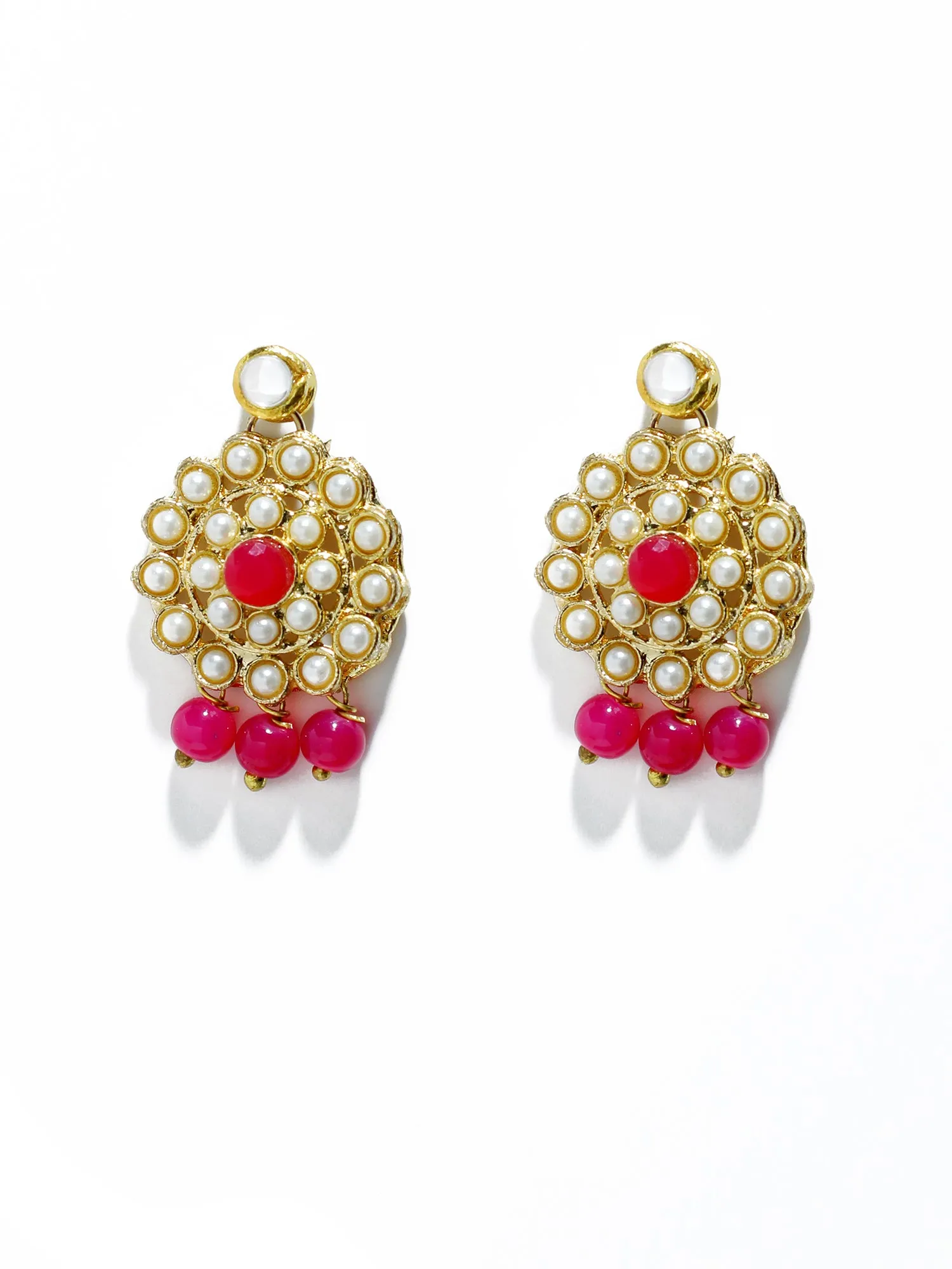 Gold Plated Pink Beads Kundan Dangler Earrings with Maangtikka for Women