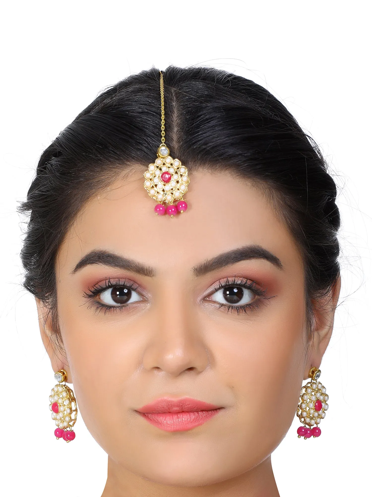 Gold Plated Pink Beads Kundan Dangler Earrings with Maangtikka for Women