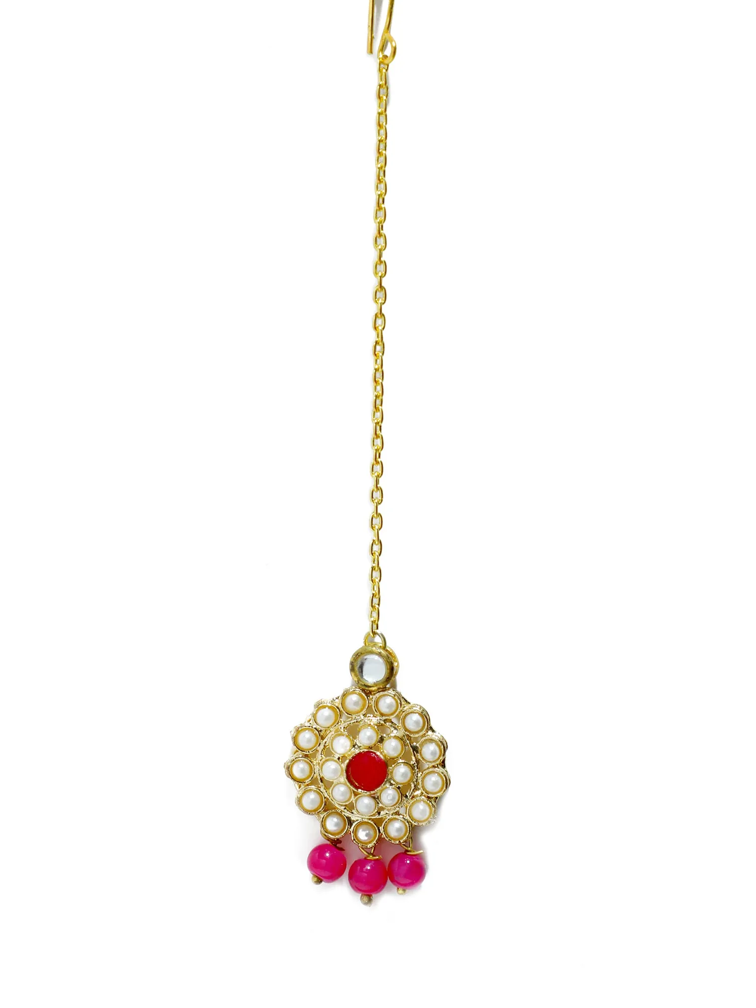 Gold Plated Pink Beads Kundan Dangler Earrings with Maangtikka for Women