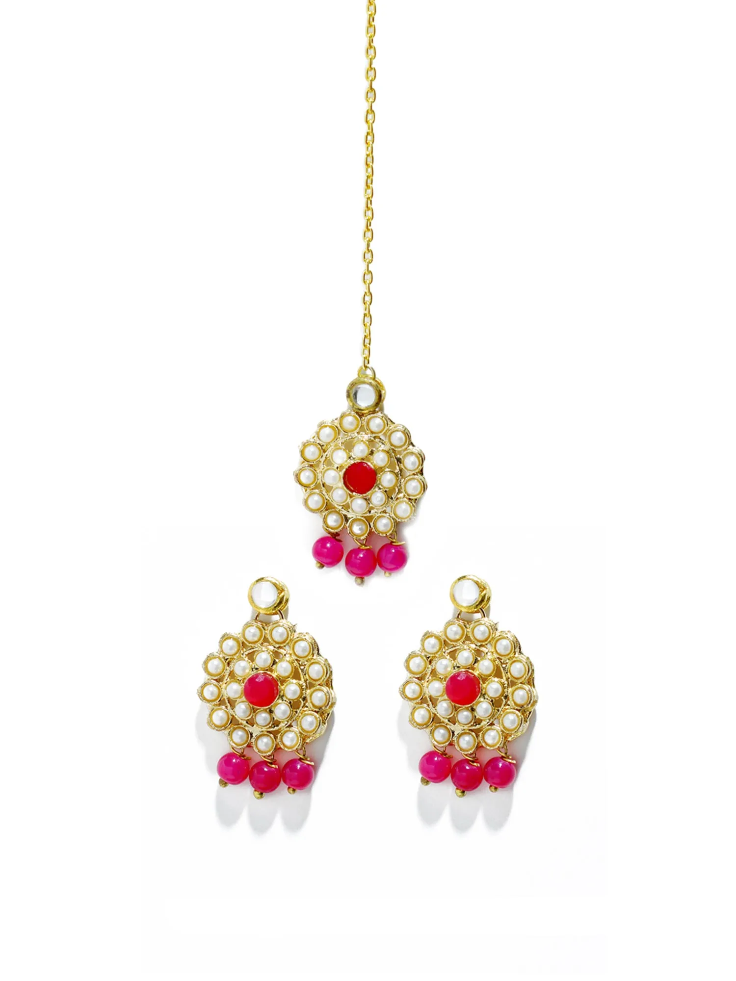 Gold Plated Pink Beads Kundan Dangler Earrings with Maangtikka for Women