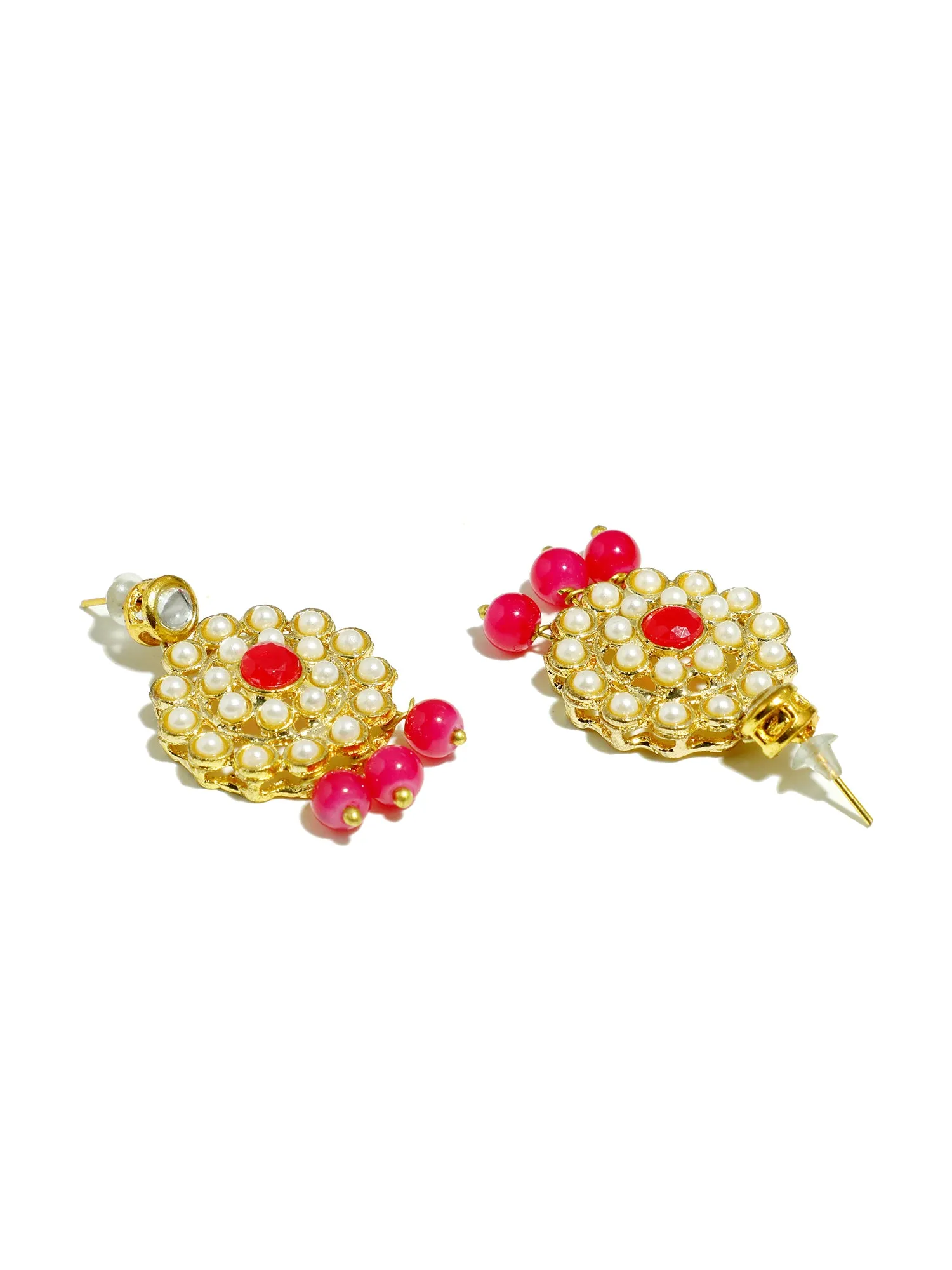 Gold Plated Pink Beads Kundan Dangler Earrings with Maangtikka for Women