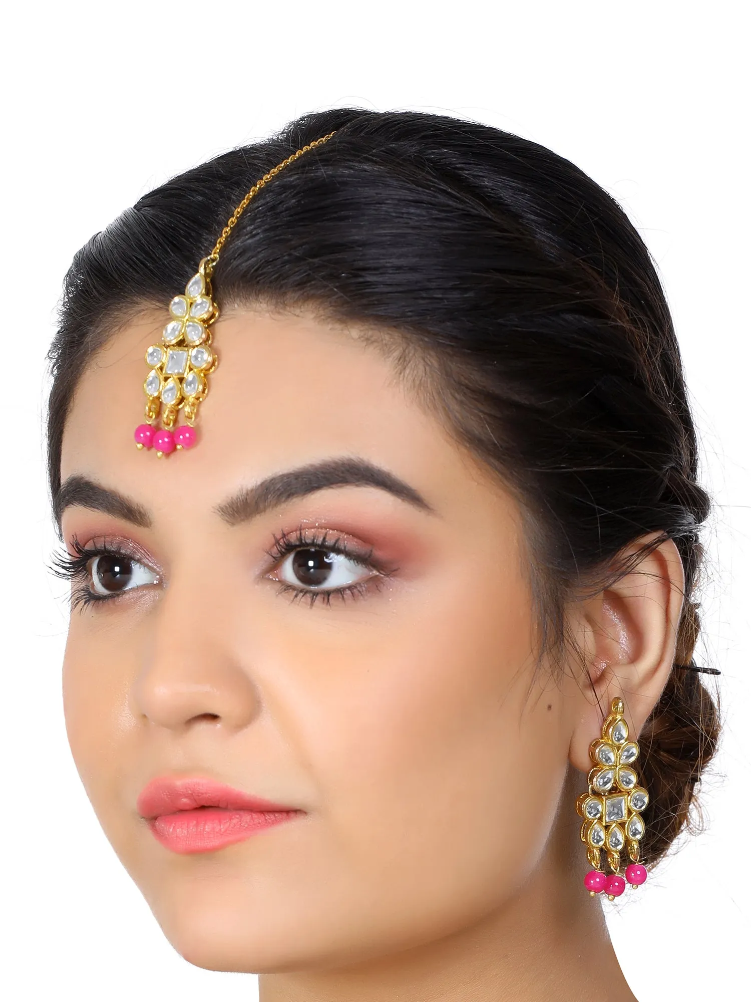 Gold Plated Pink Beads Kundan Dangler Earrings with Maangtikka for Women