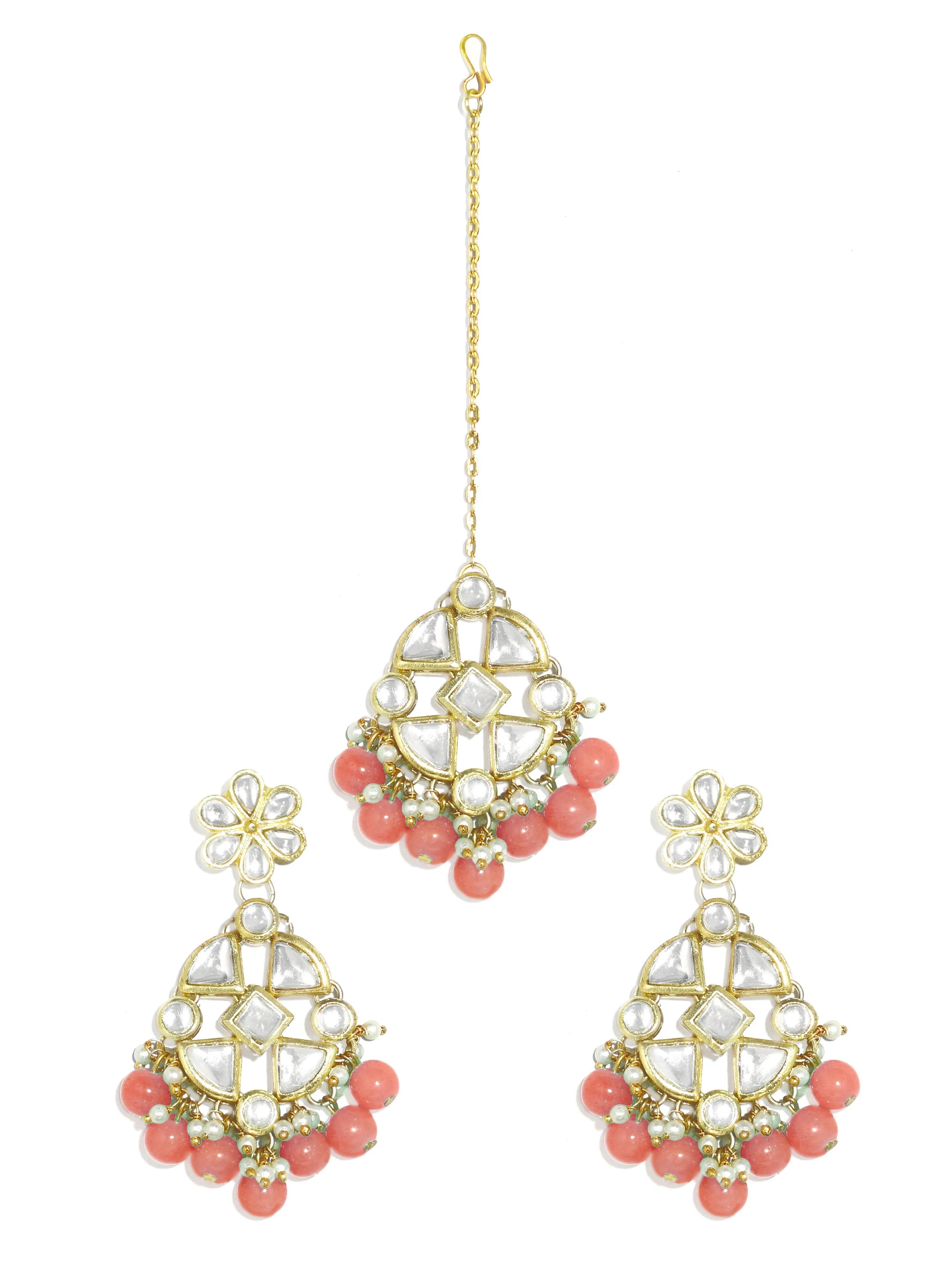 Gold Plated Pink Beads Kundan Dangler Earrings with Maangtikka