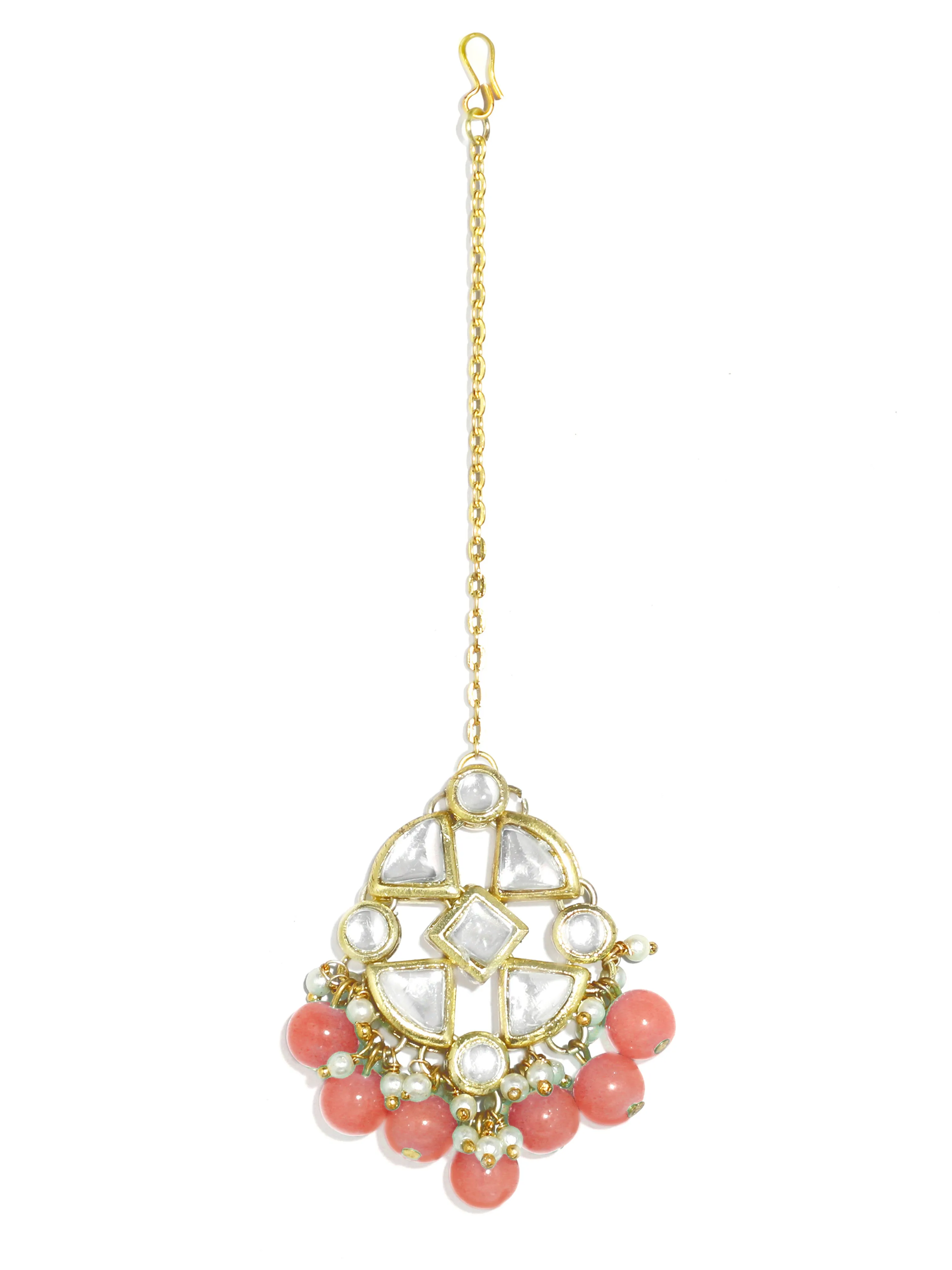 Gold Plated Pink Beads Kundan Dangler Earrings with Maangtikka