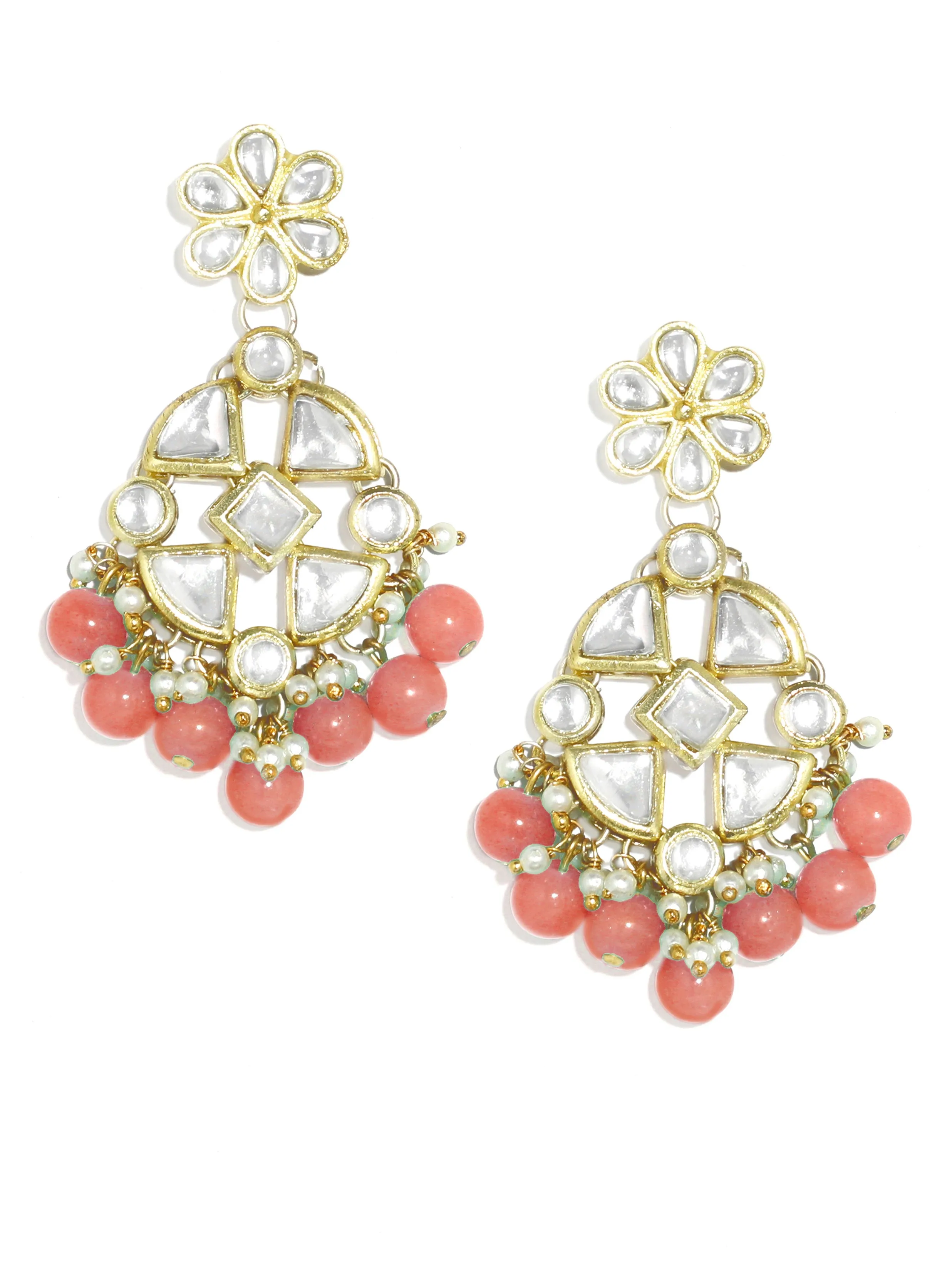 Gold Plated Pink Beads Kundan Dangler Earrings with Maangtikka