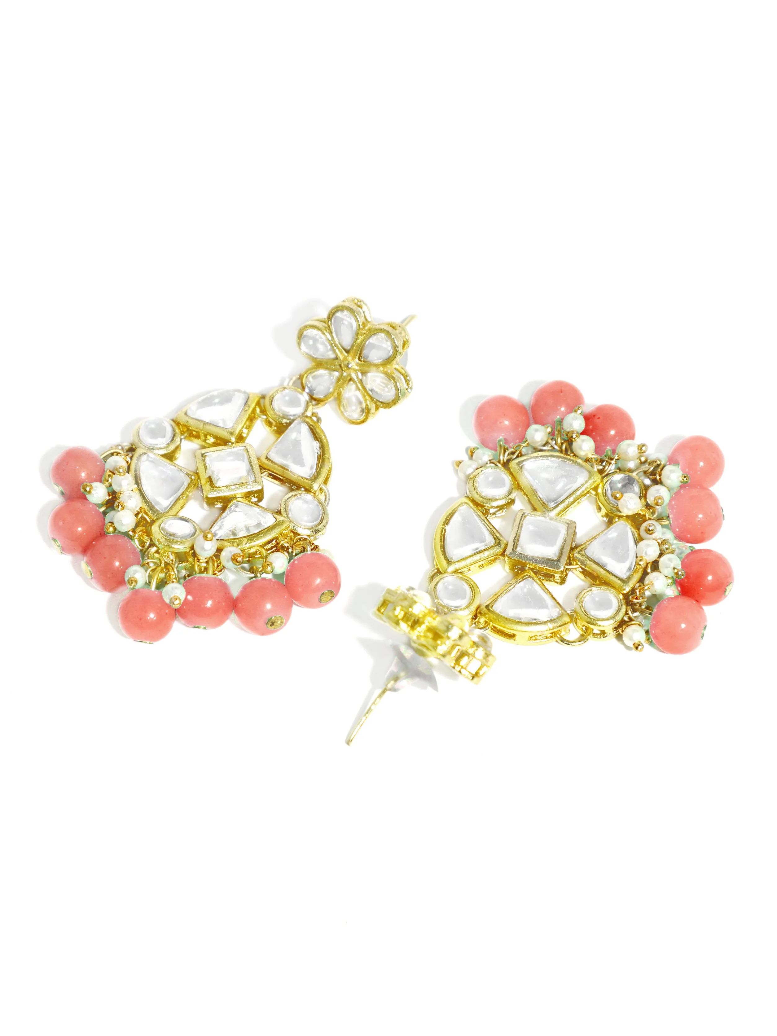 Gold Plated Pink Beads Kundan Dangler Earrings with Maangtikka