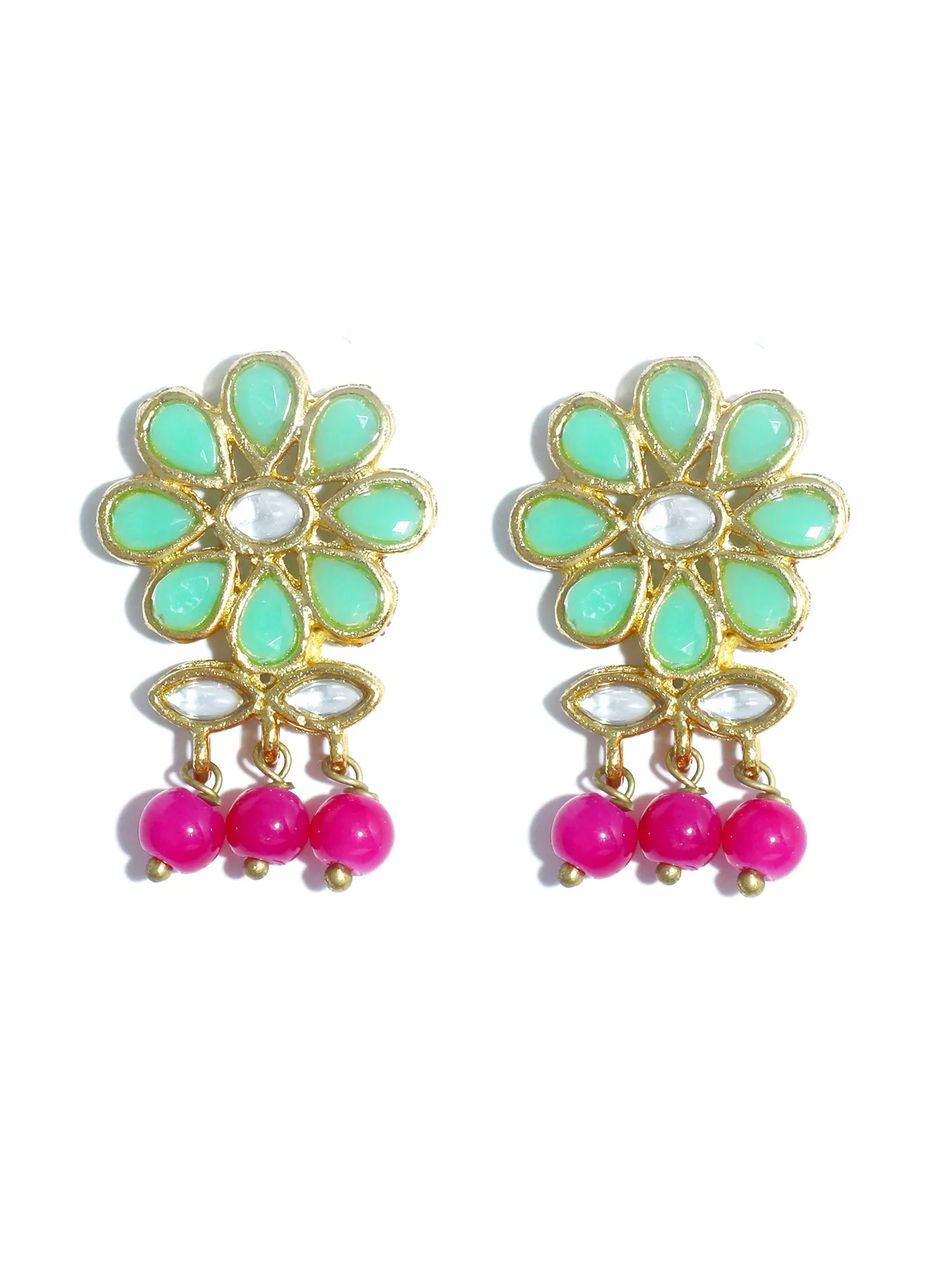 Gold Plated Pink Beads Mint Green Kundan Dangler Earrings with Maangtikka for Women