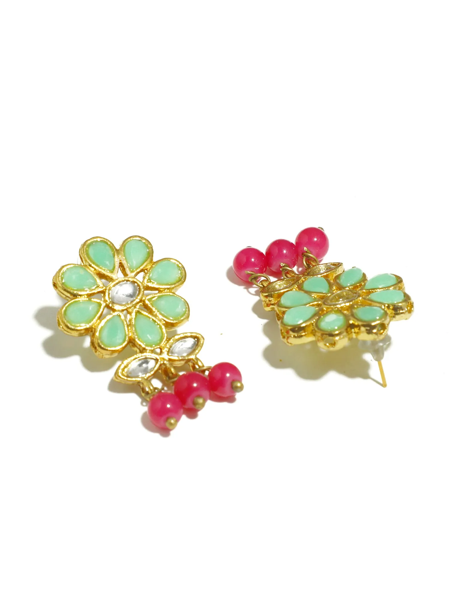 Gold Plated Pink Beads Mint Green Kundan Dangler Earrings with Maangtikka for Women