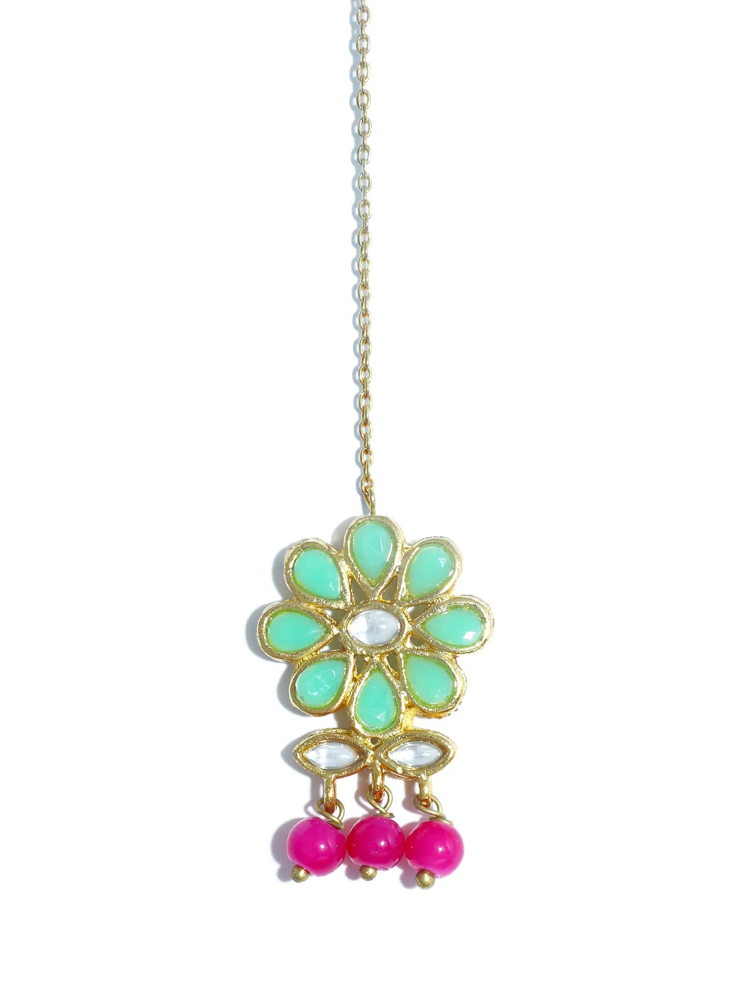 Gold Plated Pink Beads Mint Green Kundan Dangler Earrings with Maangtikka for Women