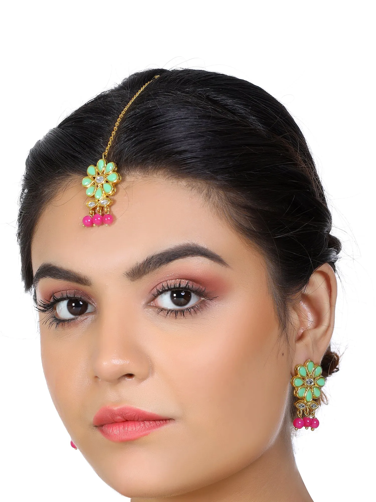 Gold Plated Pink Beads Mint Green Kundan Dangler Earrings with Maangtikka for Women