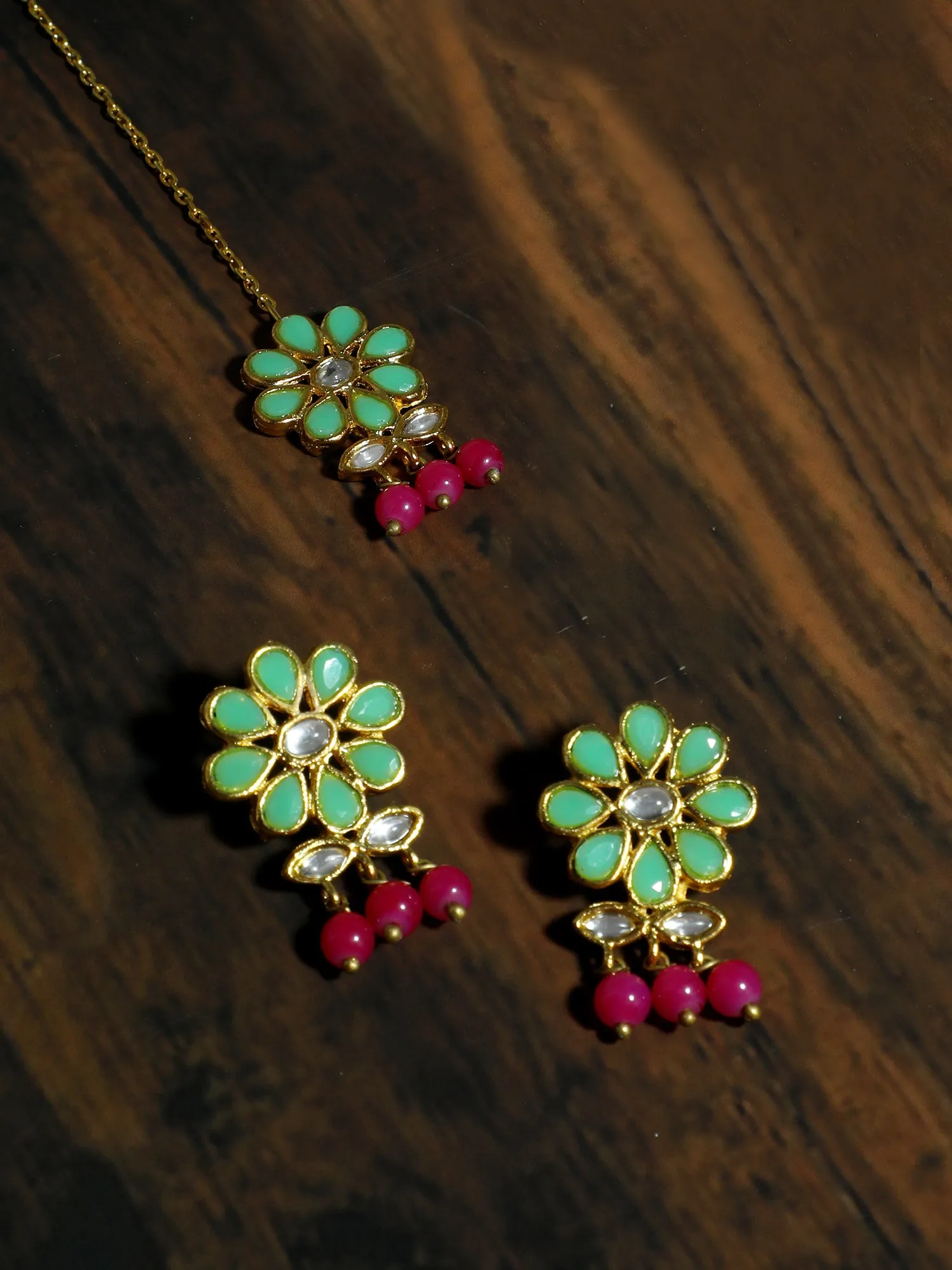 Gold Plated Pink Beads Mint Green Kundan Dangler Earrings with Maangtikka for Women