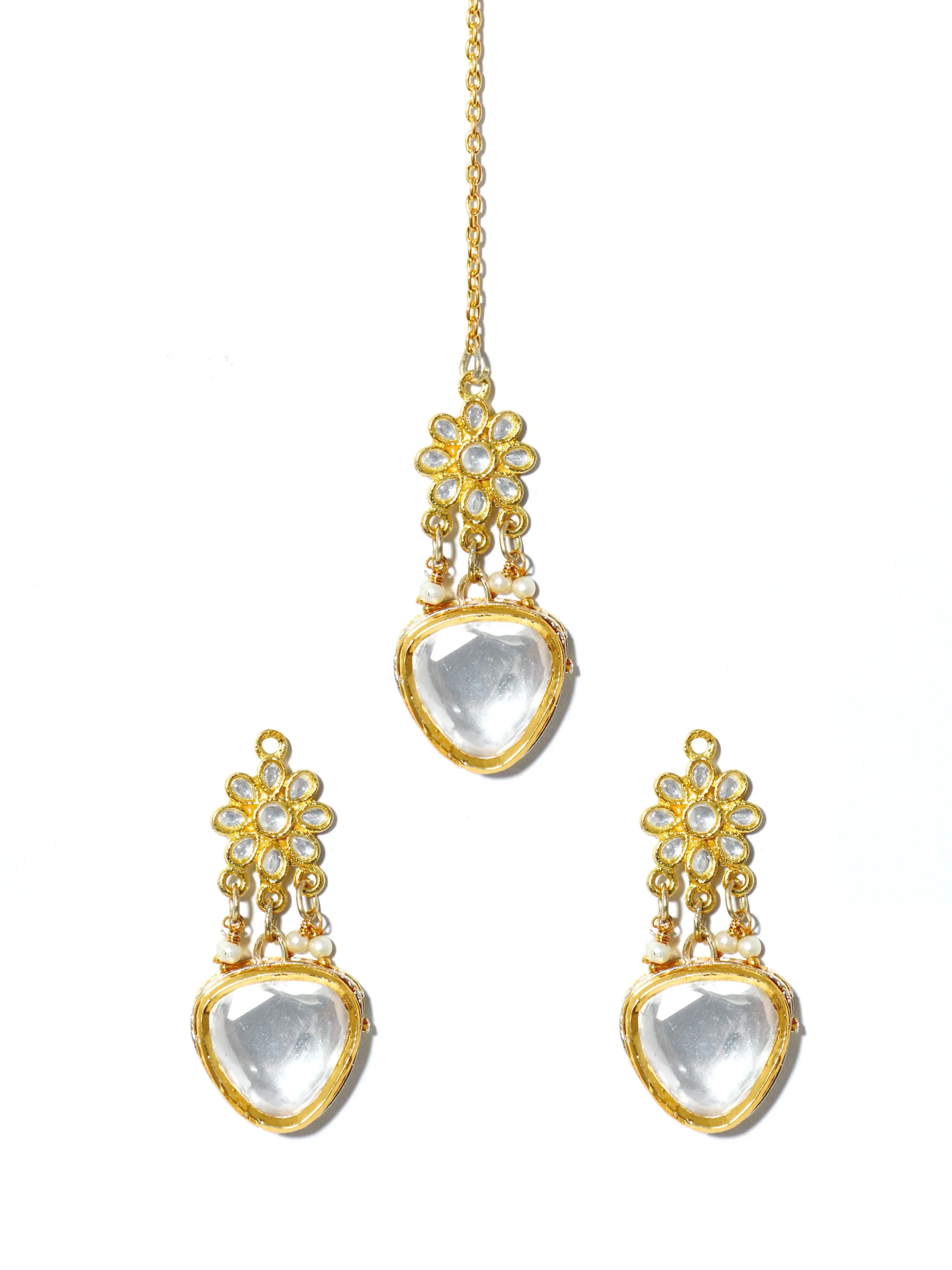 Gold Plated Polki Kundan Earrings Dangler with Maangtikka