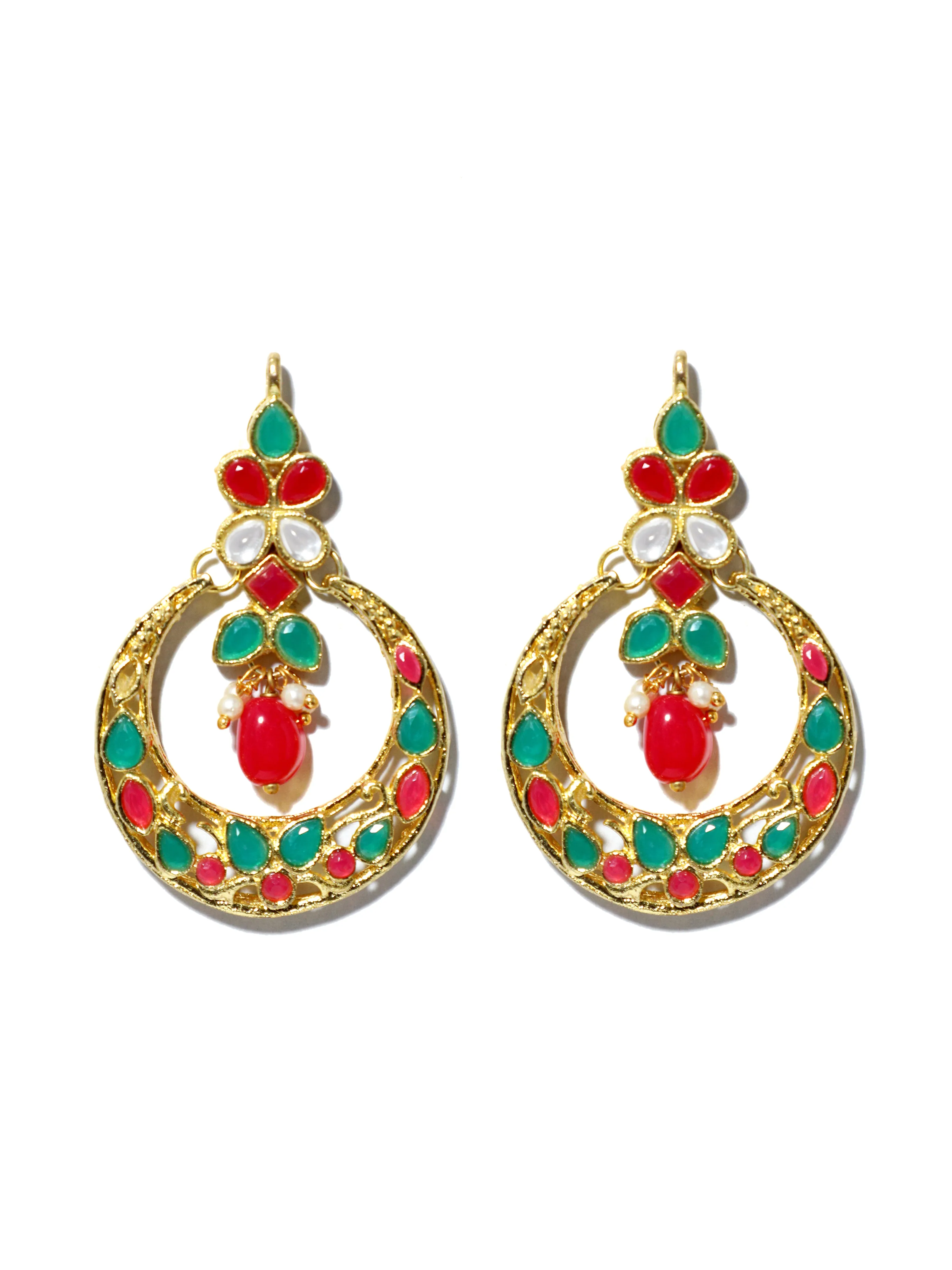 Gold Plated Red and Green Kundan Chnadbali Earrings with Maangtikka