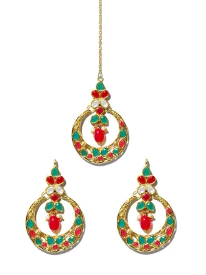 Gold Plated Red and Green Kundan Chnadbali Earrings with Maangtikka