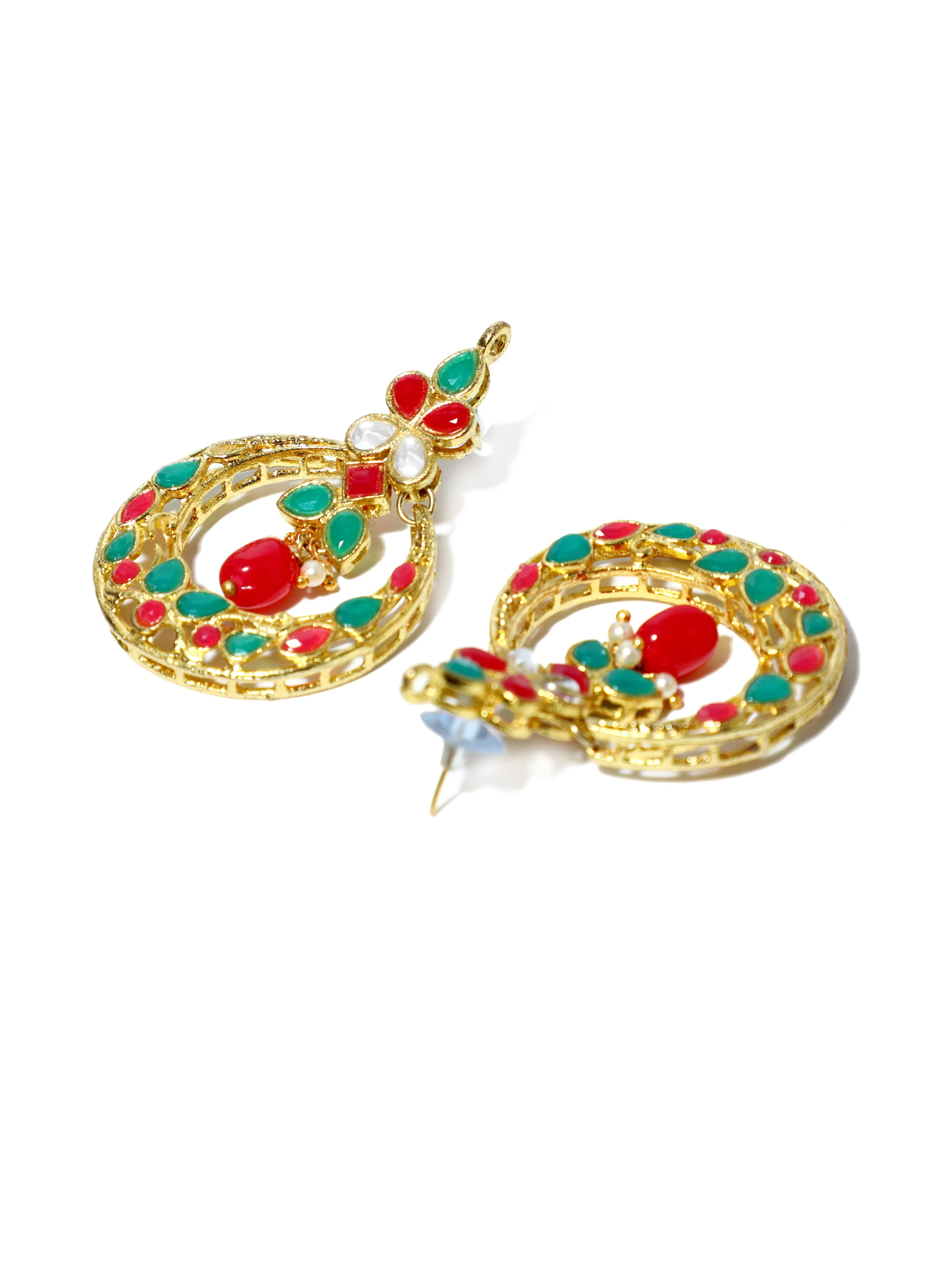 Gold Plated Red and Green Kundan Chnadbali Earrings