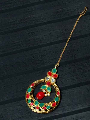 Gold Plated Red and Green Kundan Maangtikka