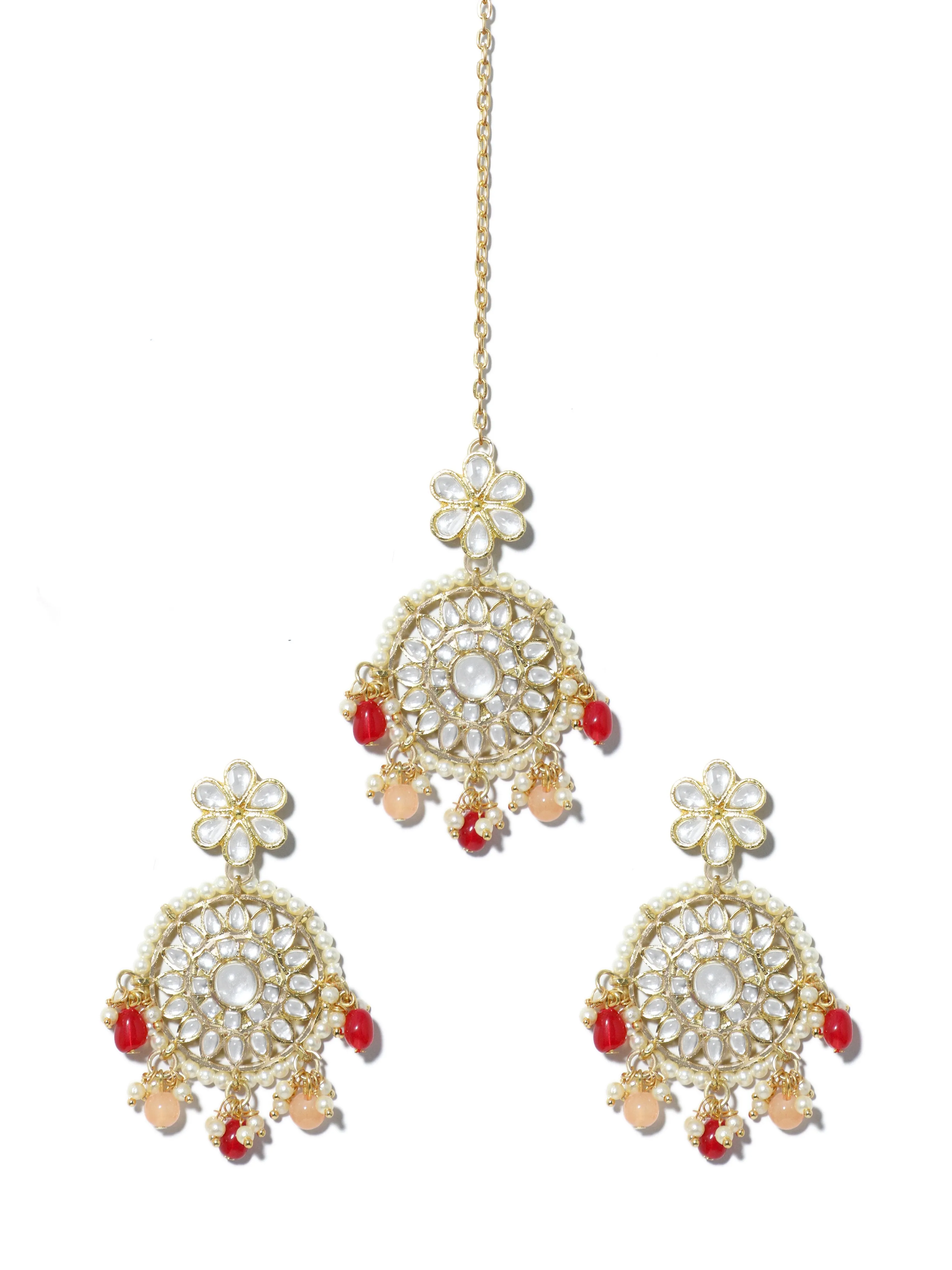 Gold Plated Red and Peach Beads Kundan Dangler Earrings with Maangtikka