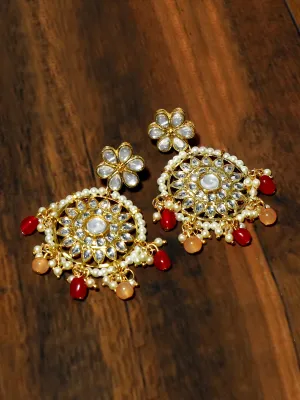 Gold Plated Red and Peach Beads Kundan Dangler Earrings