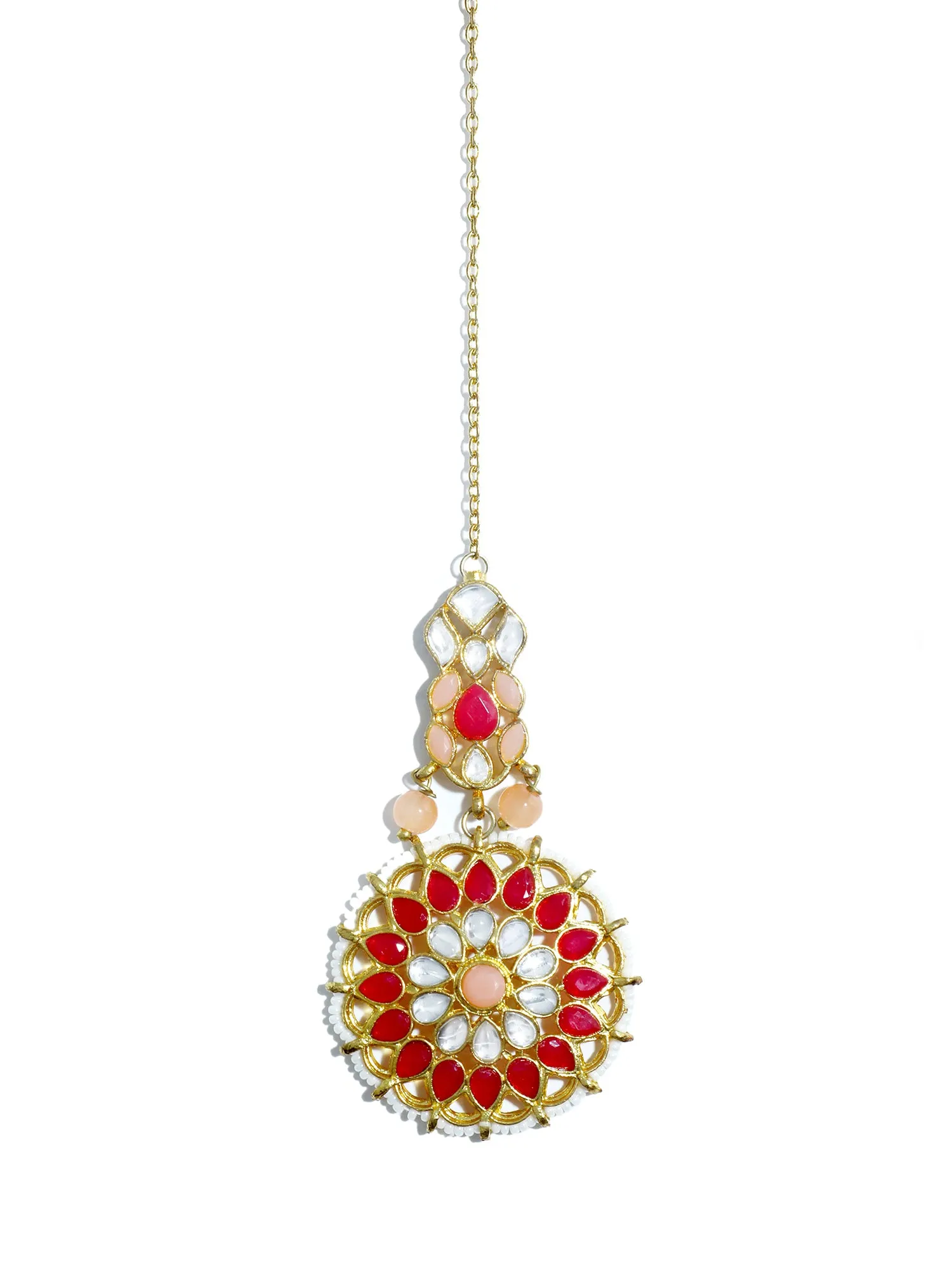 Gold Plated Red and Peach Kundan Dangler Earrings with Maangtikka for Women