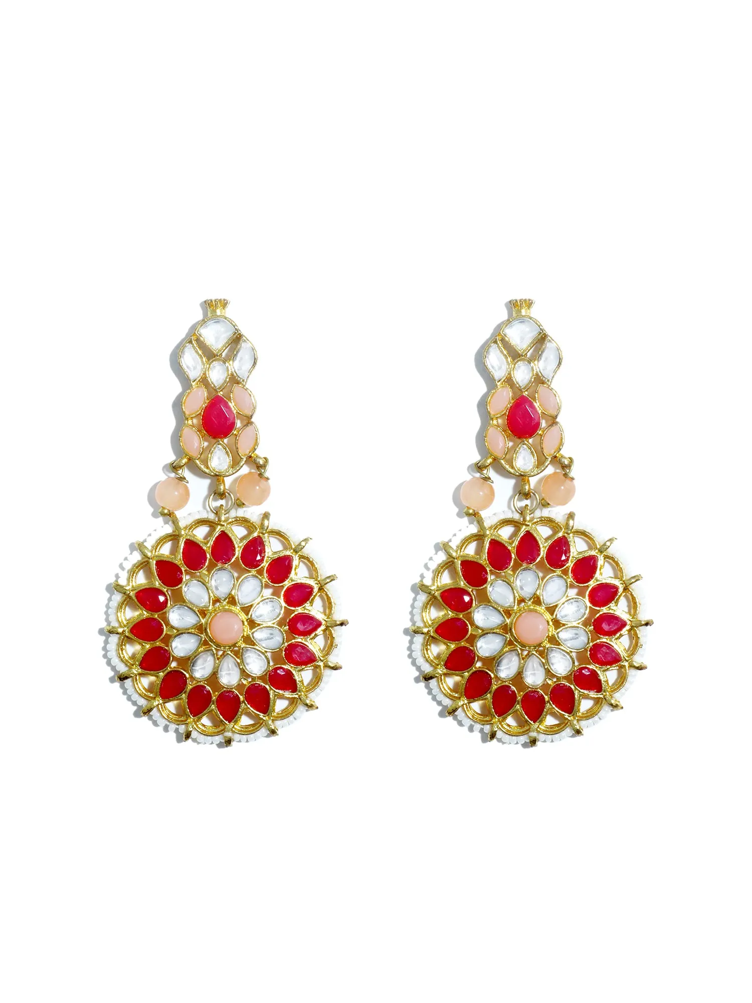 Gold Plated Red and Peach Kundan Dangler Earrings with Maangtikka for Women