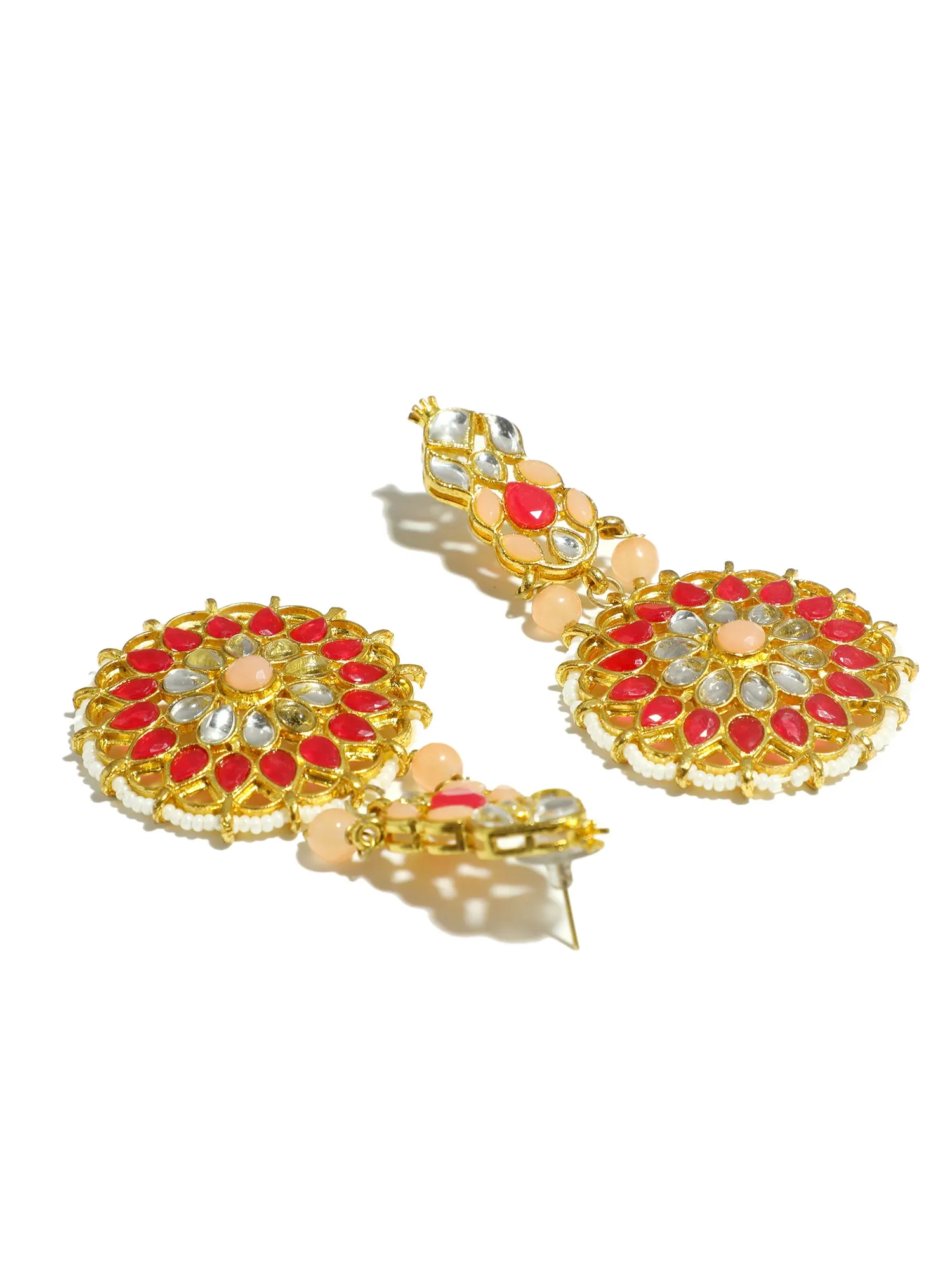 Gold Plated Red and Peach Kundan Dangler Earrings with Maangtikka for Women