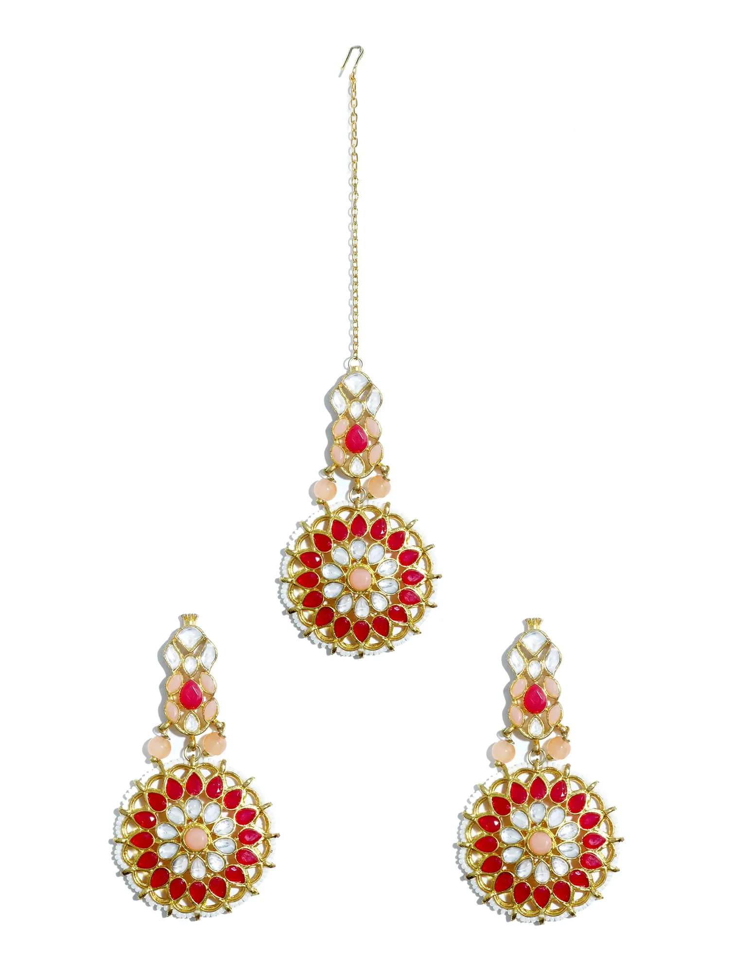 Gold Plated Red and Peach Kundan Dangler Earrings with Maangtikka for Women