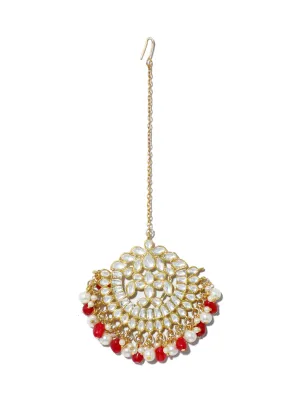 Gold Plated Red and Pearl Beads Kundan Maangtikka