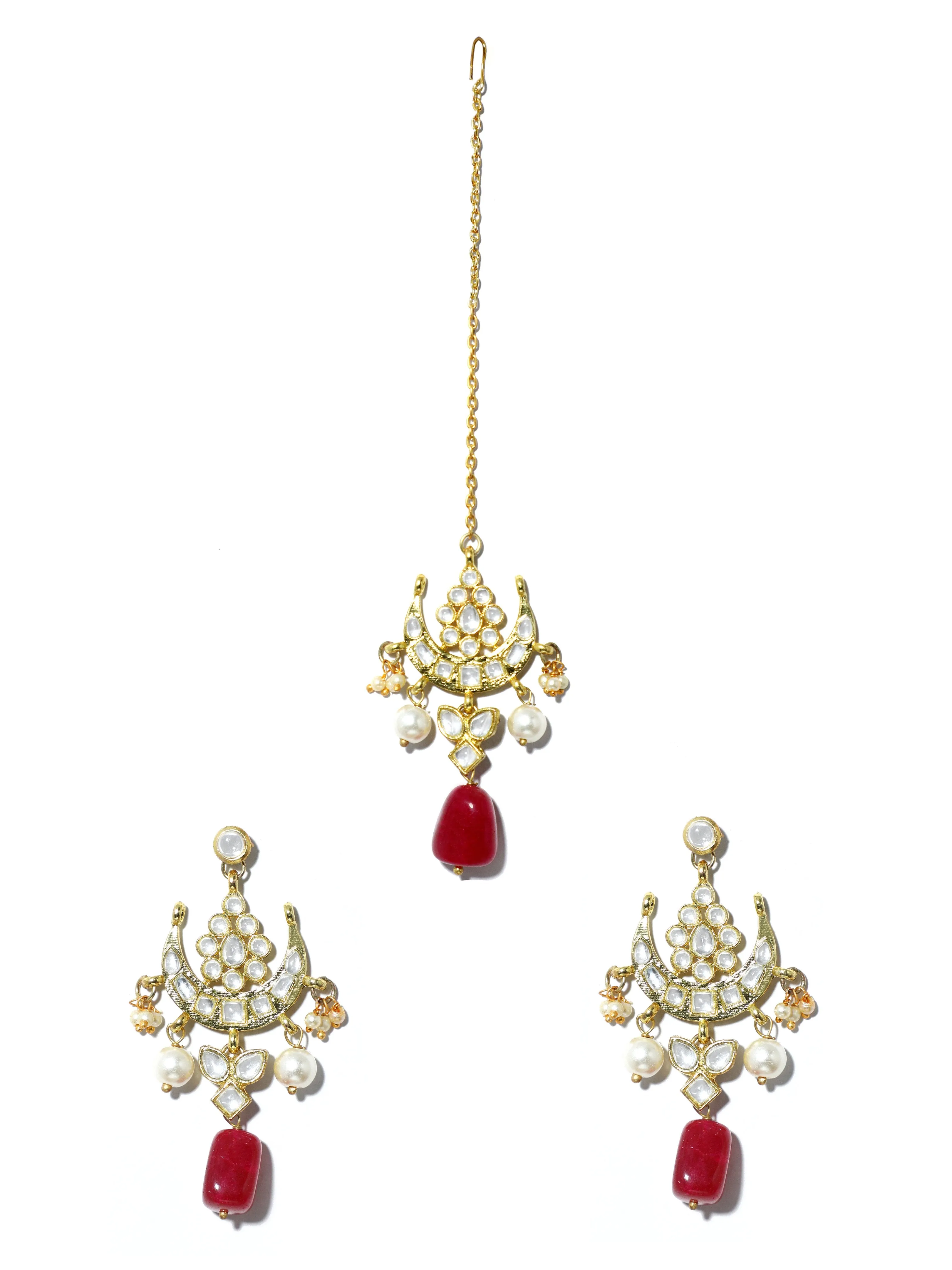 Gold Plated Red Bead Kundan Dangler Earrings with Maangtikka