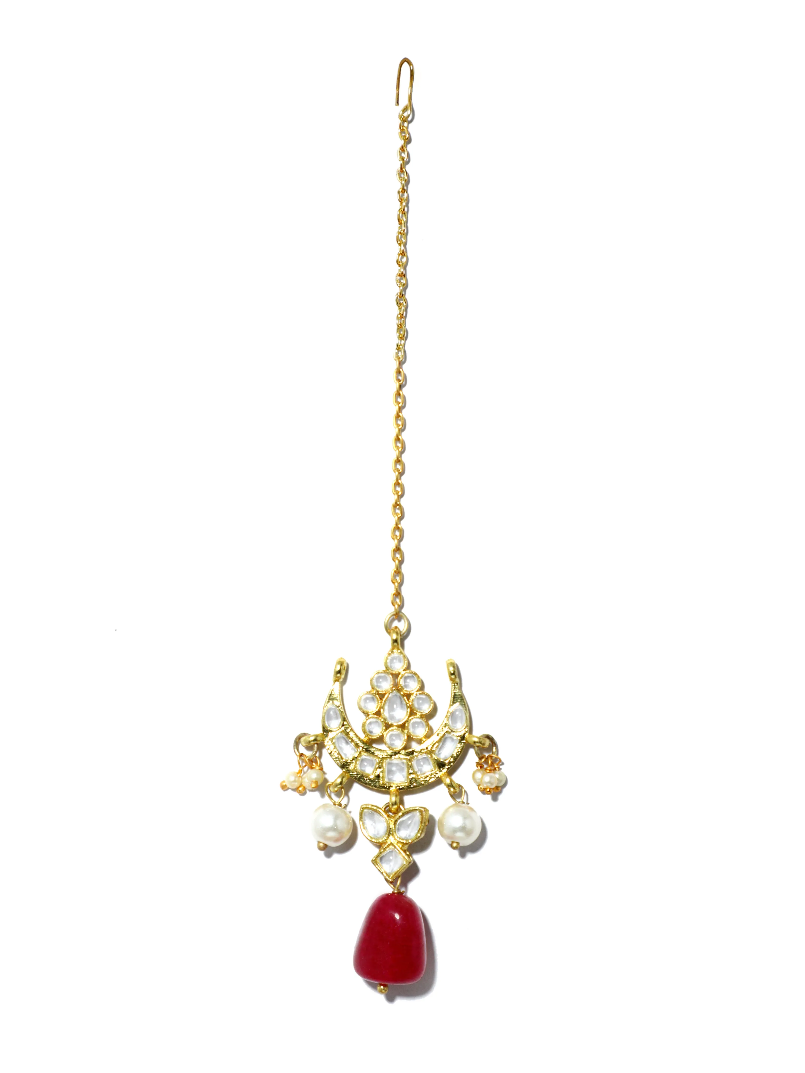 Gold Plated Red Bead Kundan Dangler Earrings with Maangtikka