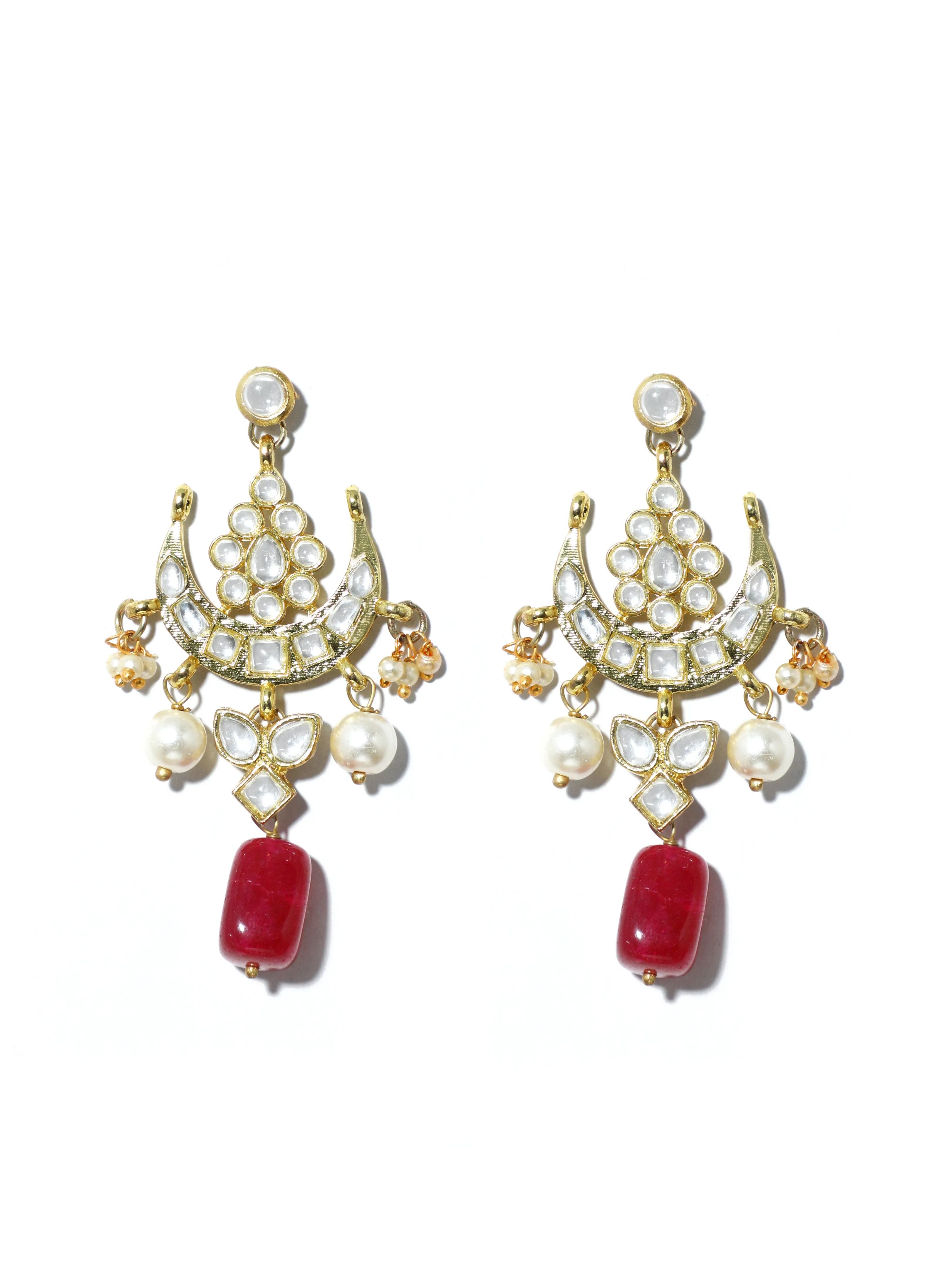 Gold Plated Red Bead Kundan Dangler Earrings with Maangtikka