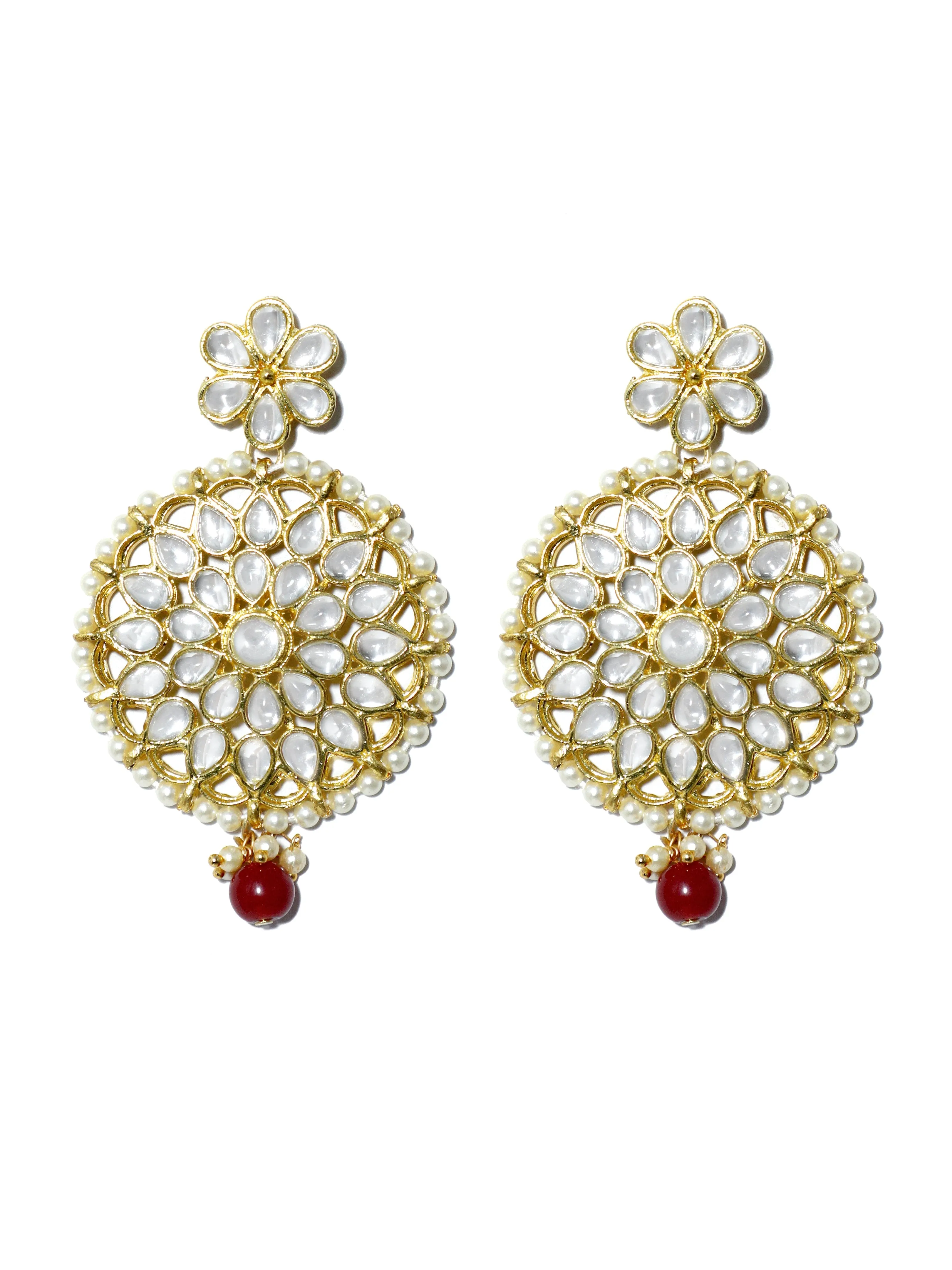 Gold Plated Red Bead Kundan Dangler Earrings