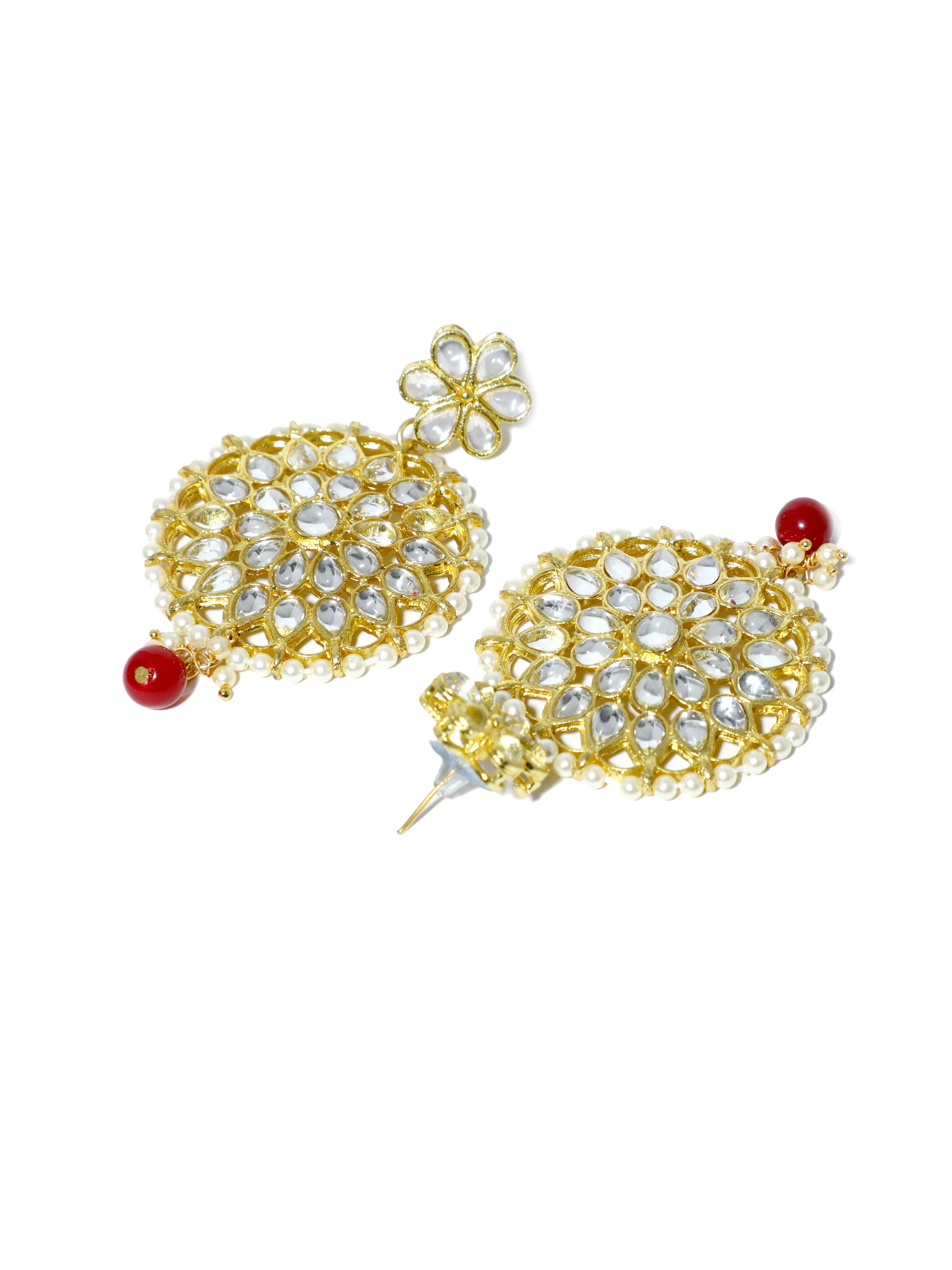 Gold Plated Red Bead Kundan Dangler Earrings