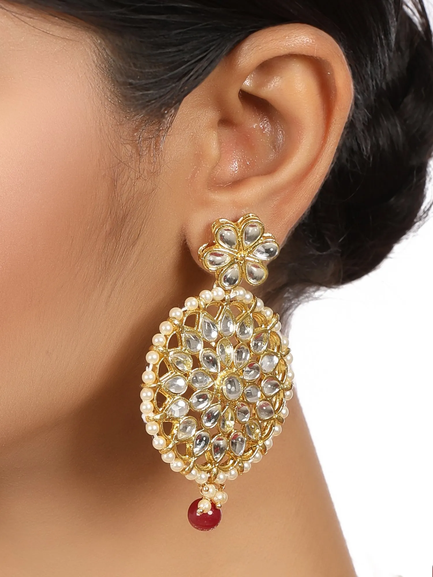 Gold Plated Red Bead Kundan Dangler Earrings