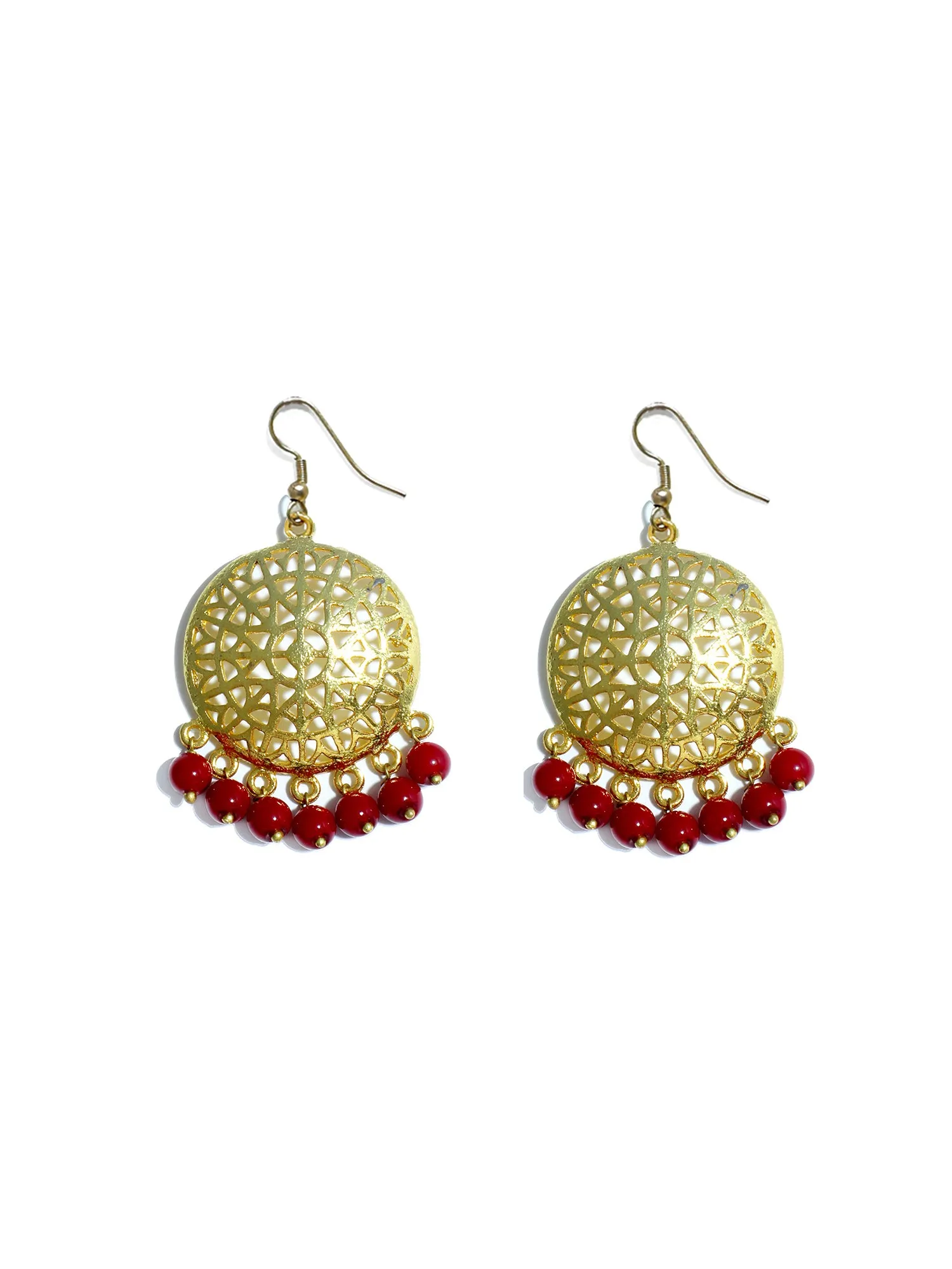 Gold Plated Red Beads Kundan Dangler Earrings with Maangtikka for Women