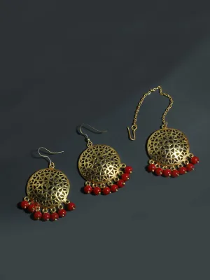 Gold Plated Red Beads Kundan Dangler Earrings with Maangtikka for Women