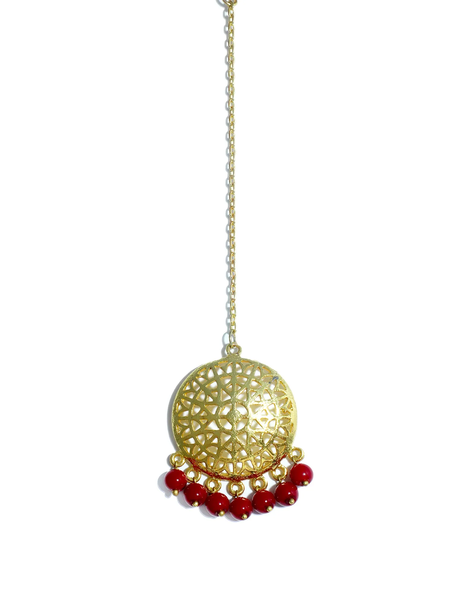 Gold Plated Red Beads Kundan Dangler Earrings with Maangtikka for Women