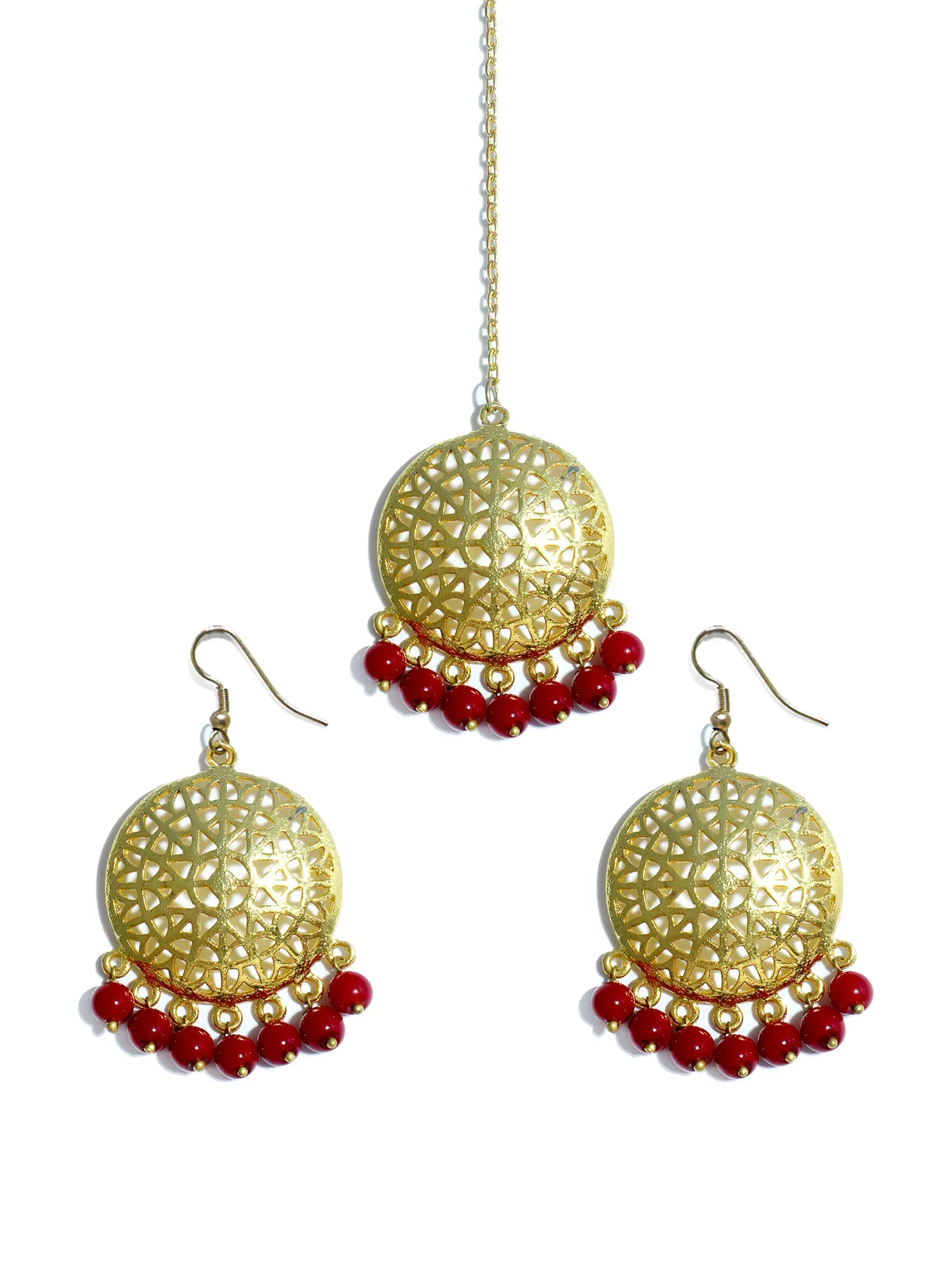 Gold Plated Red Beads Kundan Dangler Earrings with Maangtikka for Women