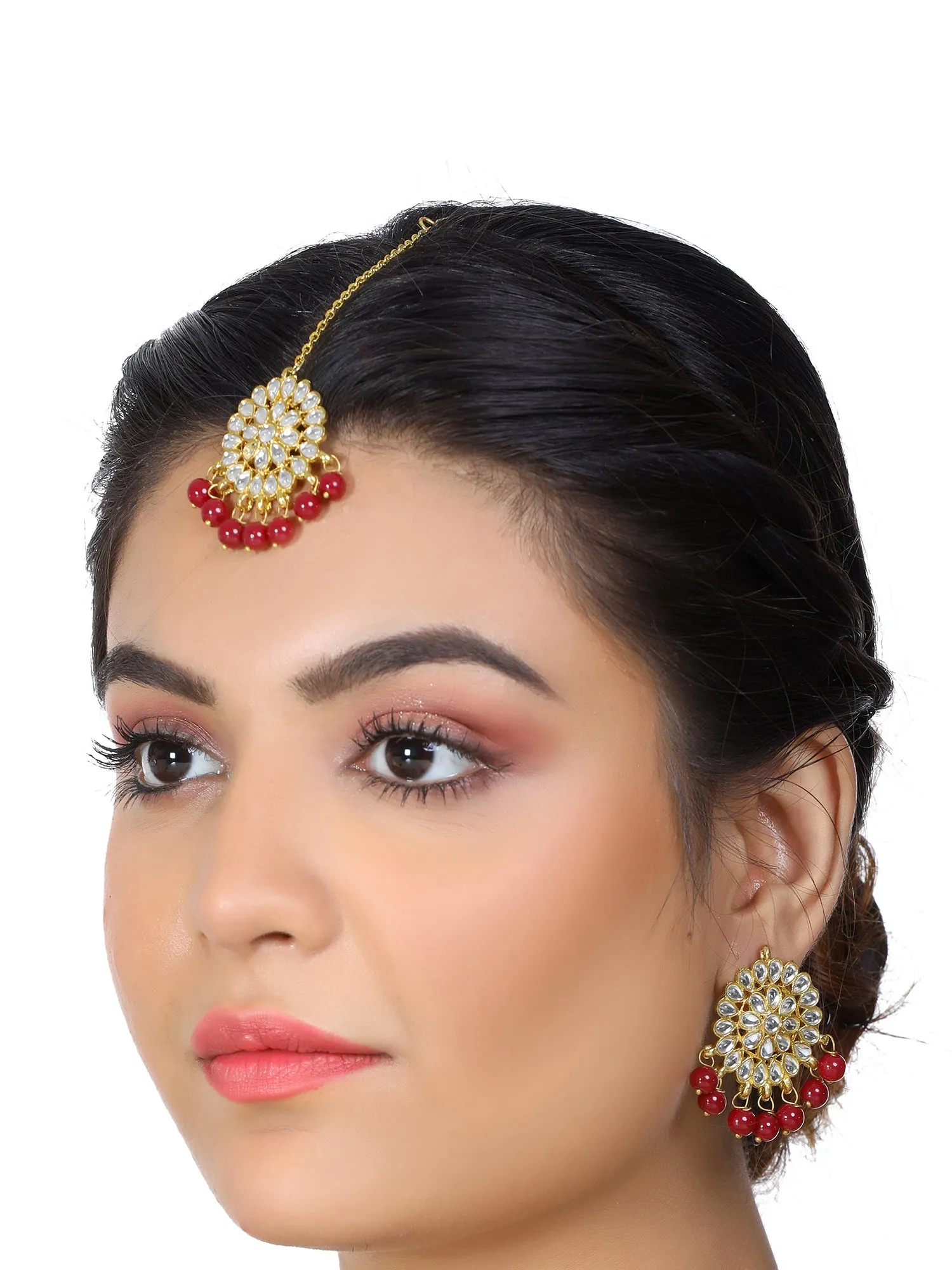 Gold Plated Red Beads Kundan Dangler Earrings with Maangtikka for Women