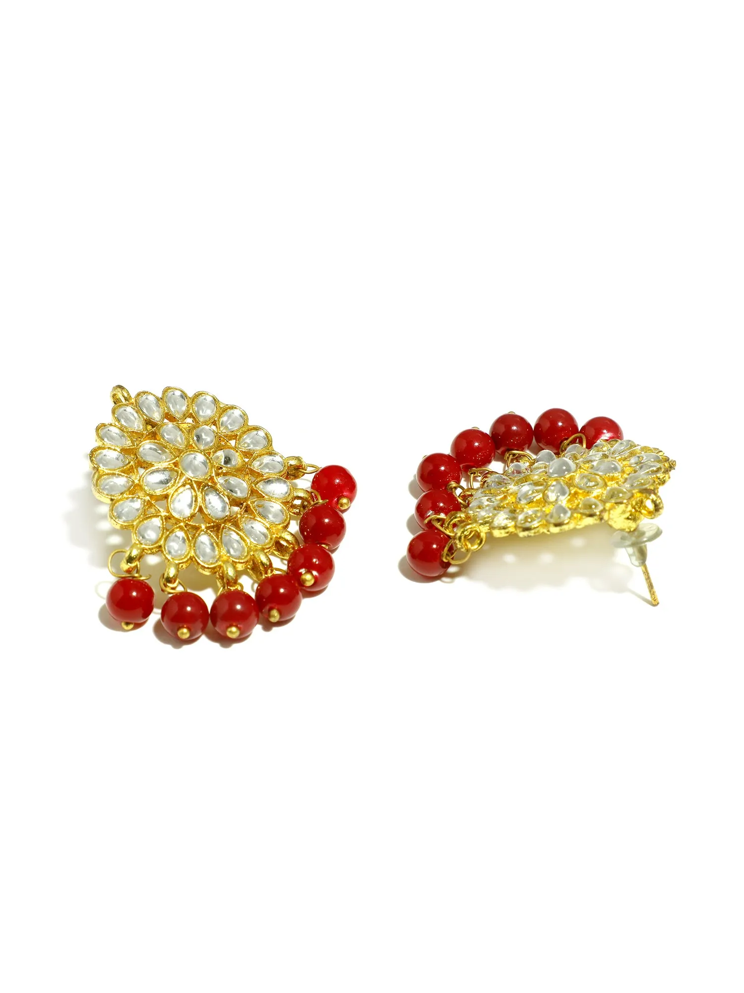 Gold Plated Red Beads Kundan Dangler Earrings with Maangtikka for Women