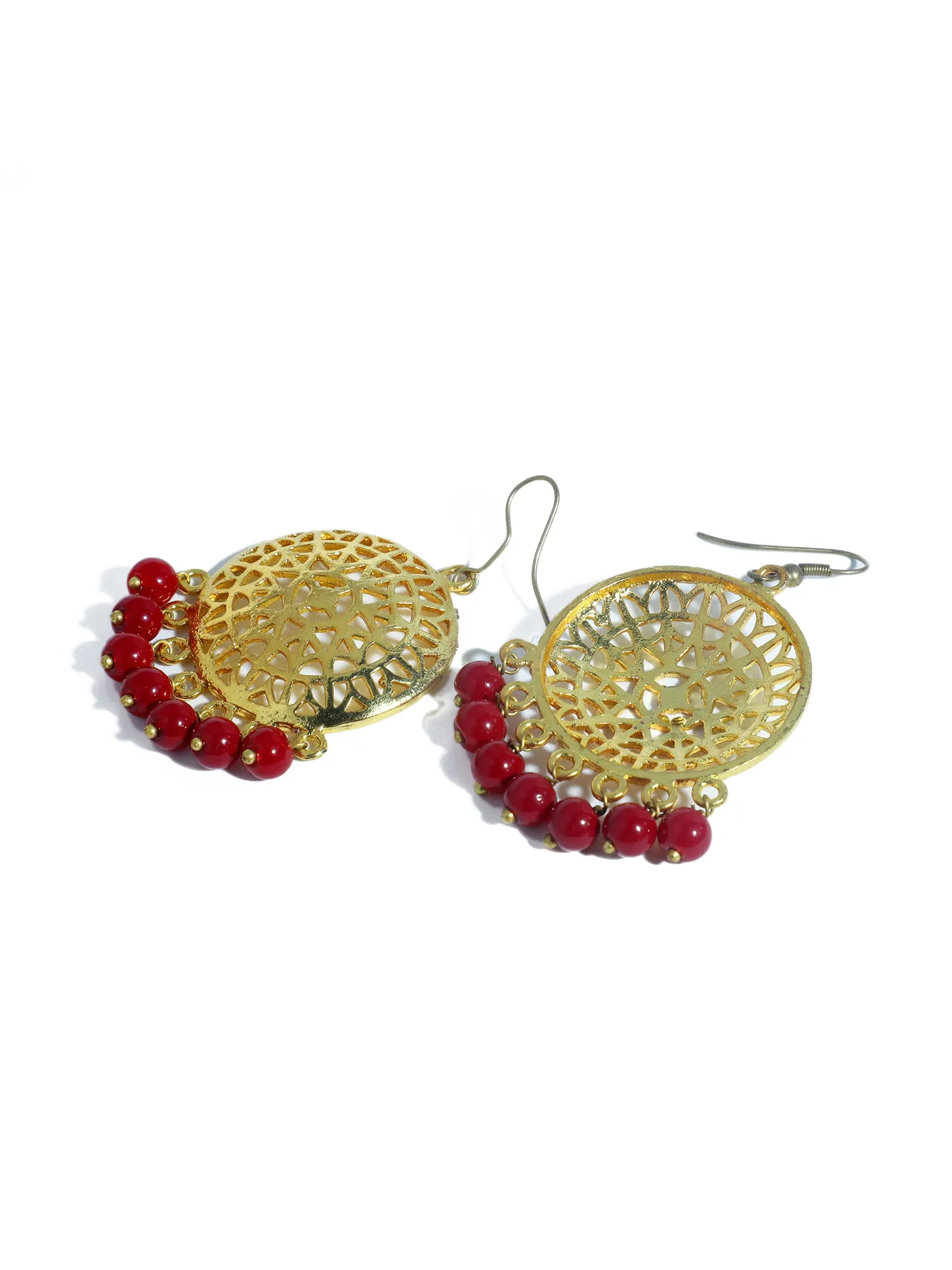 Gold Plated Red Beads Kundan Dangler Earrings with Maangtikka for Women